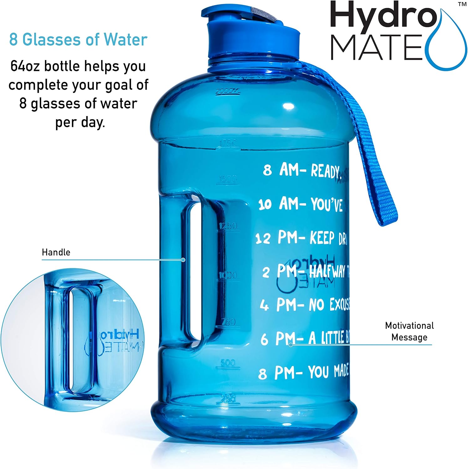 HydroMATE Half Gallon Motivational Water Bottle with Time Marker Large BPA Free Jug with Handle Reusable Leak Proof Bottle Time Marked to Drink More Water Daily