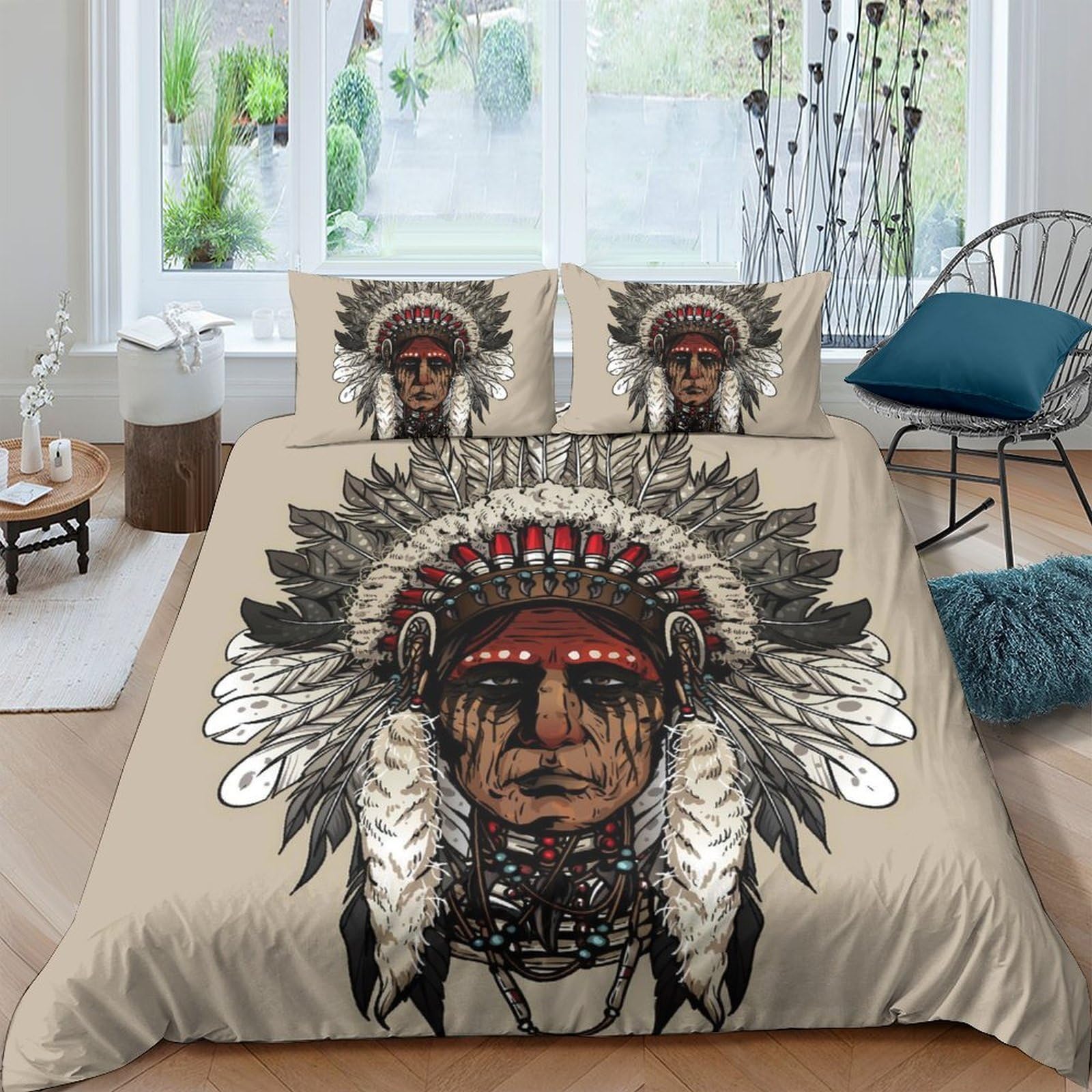 Ctjqhvkz Style-5 3D Printed Native Headdress Fitted Sheet Microfiber Soft Beige Feather Art Mattress Cover For Bedroom Guest Room Decor Single（135X200cm）