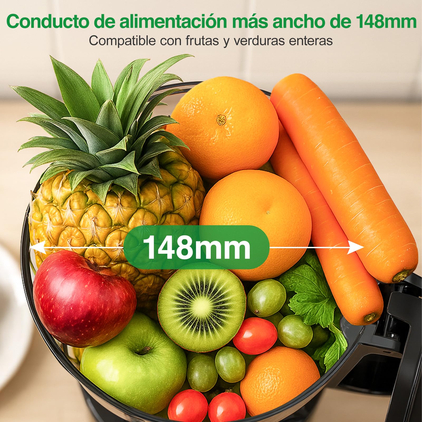 Extractor de Zumos y Verduras, 148mm Capacidad 2L Licuadora Prensado en Frio, 300W Extractor de Jugo Juicer Machine, Función de Masticación Inversa, Fácil de Instalar y Limpiar, Dos Tazas, Uno Cepillo