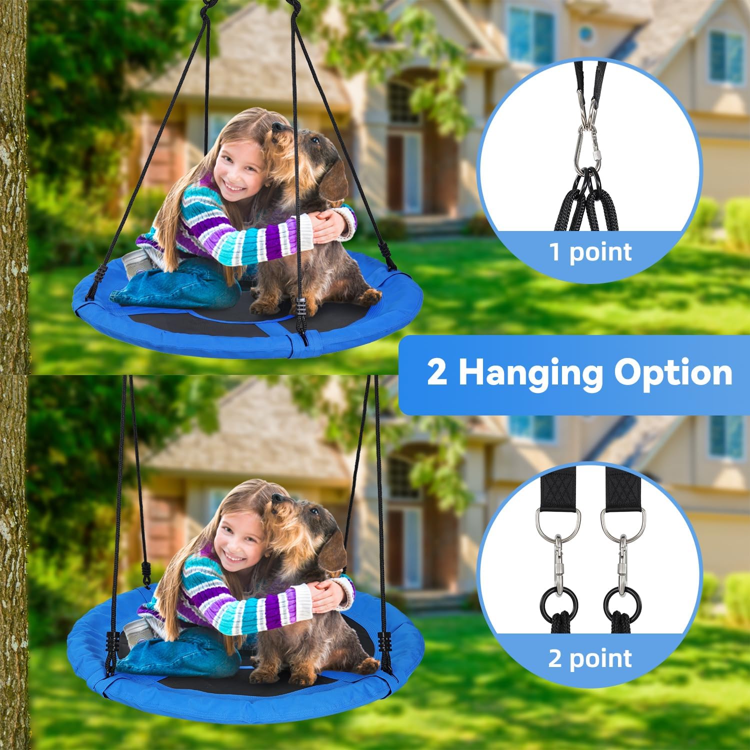 Ohuhu Saucer Tree Swing for Kids 40", 660lb Weight Capacity, Outdoor Flying Swing with Hanging Straps, Carabiner, Steel Frame and Adjustable Ropes, Easy Install, for Backyard Playground Swing, Blue