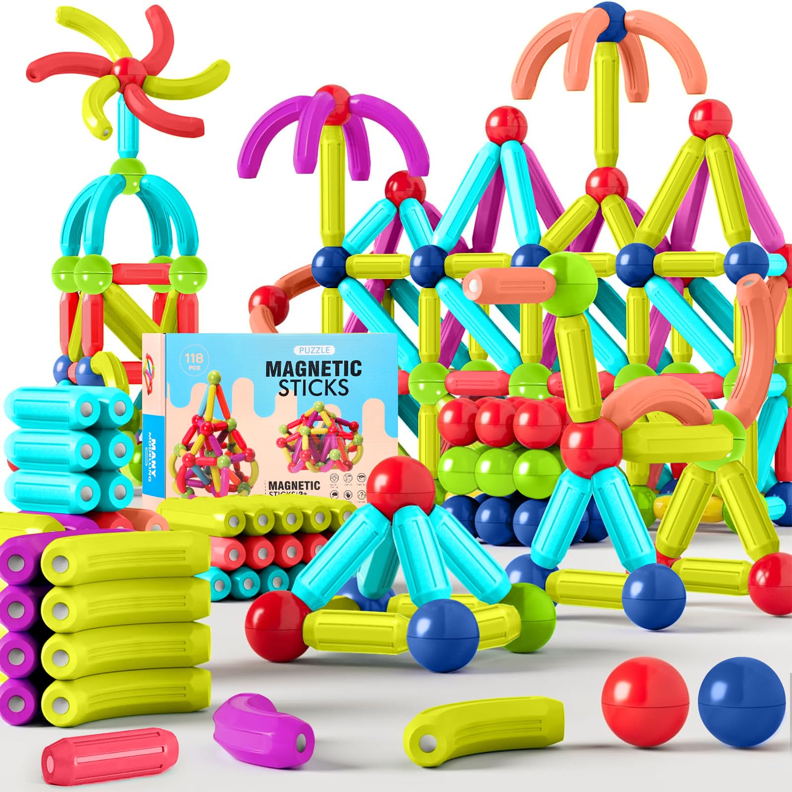 JUQG 158Pcs Juguetes de Bloques de Construcción Magnéticos, 3D Juguetes Educativos de Bloques de Construcción, Juguetes de Construcción Magnéticos para Niños y Niñas de 3 4 5 6 7 8 años (158Pcs) — view 9