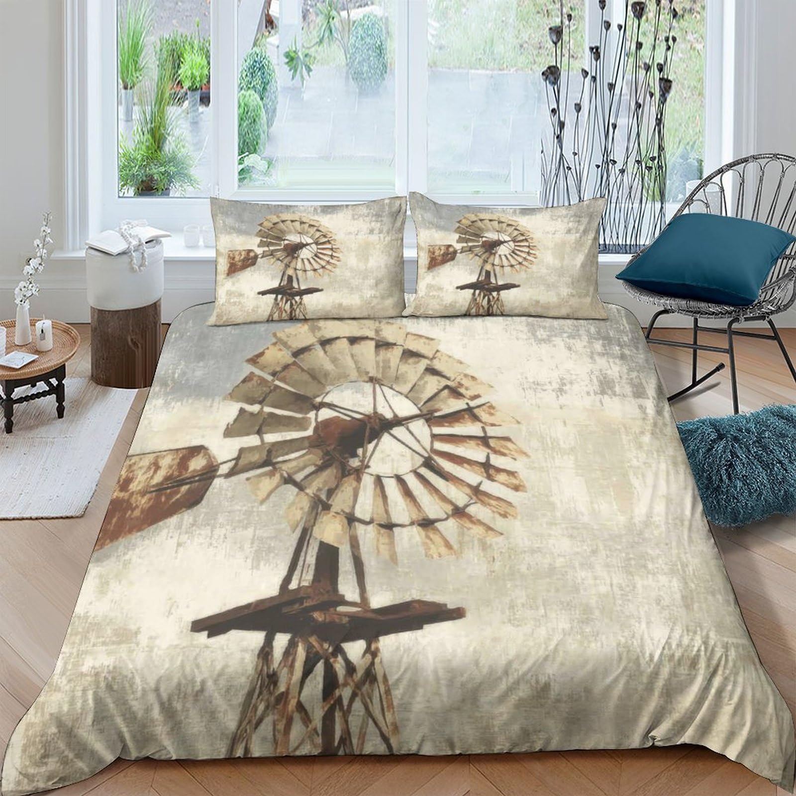 GPLZQXKJNH 3D Printed Vintage Windmill Duvet Cover Microfiber Soft Breathable Rustic Farmhouse Bedding Set with 2 Pillowcases for Bedroom Decor, Single（135x200cm）
