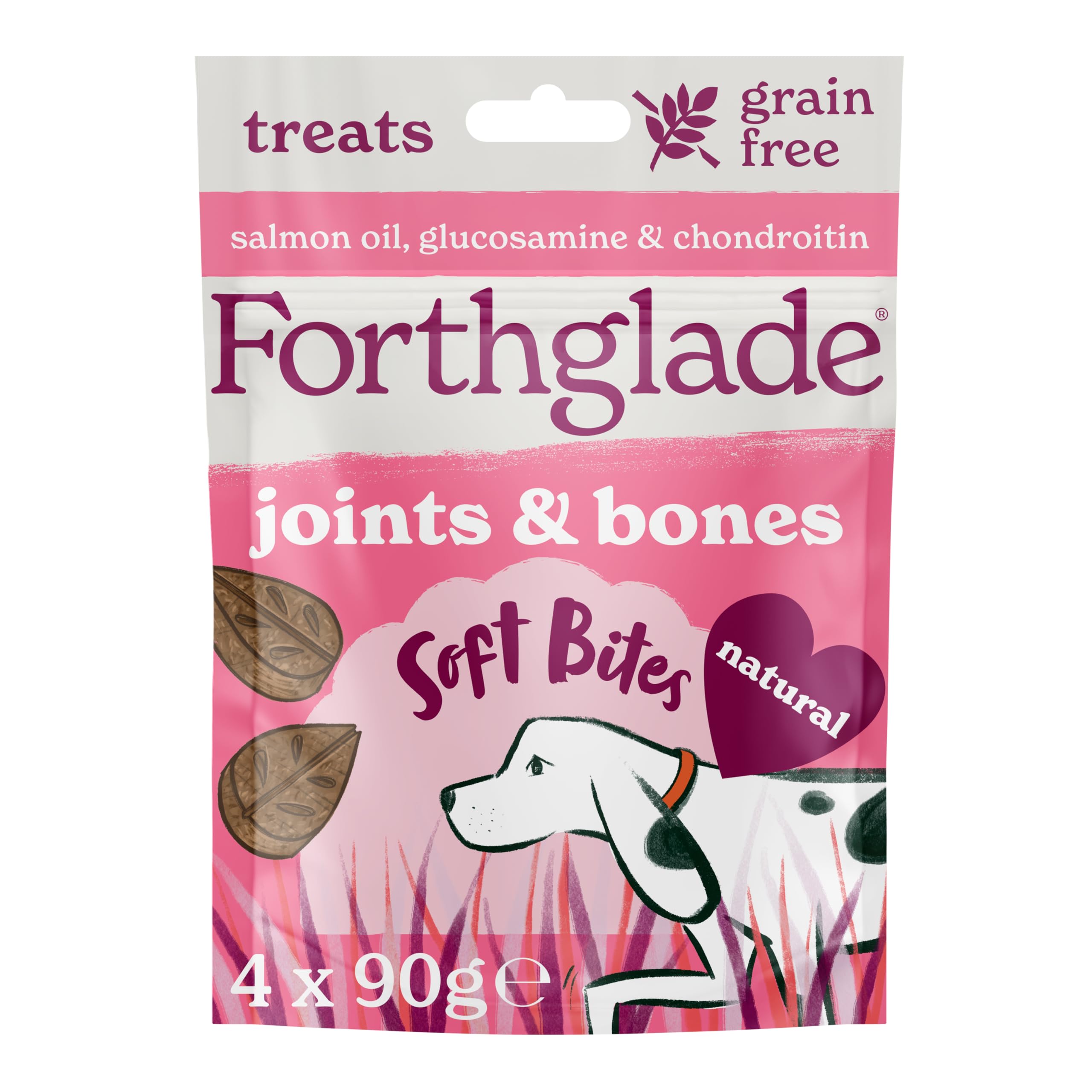 Forthglade Natural Dog Treats (4 x 90g Bags) - Hypoallergenic & Grain Free Dog Treats with Salmon, Soft Bites for Joints & Bones, Resealable Bags