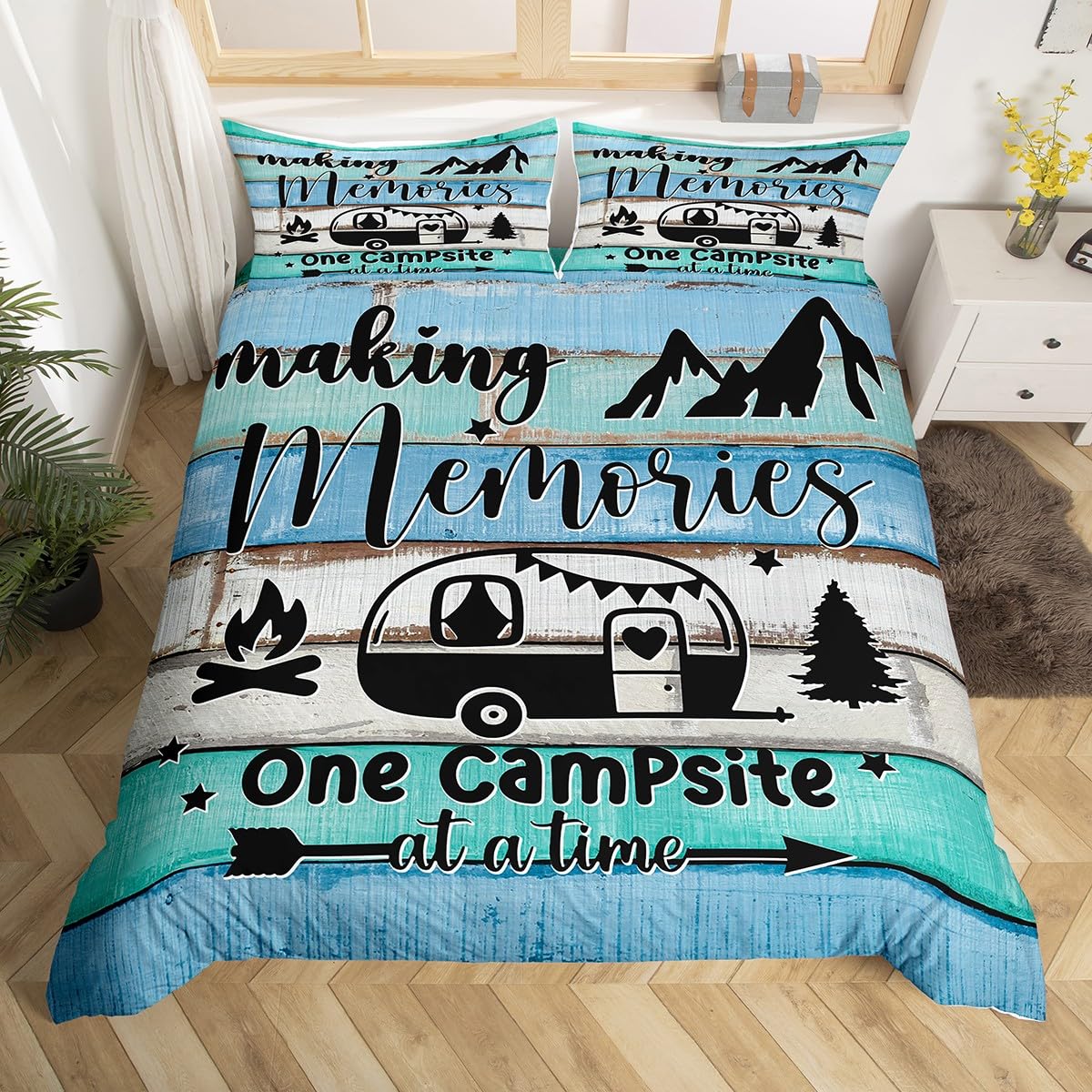 Housse de couette 135x200 cm camping et parure de lit 2 pièces pour lit enfant rustique