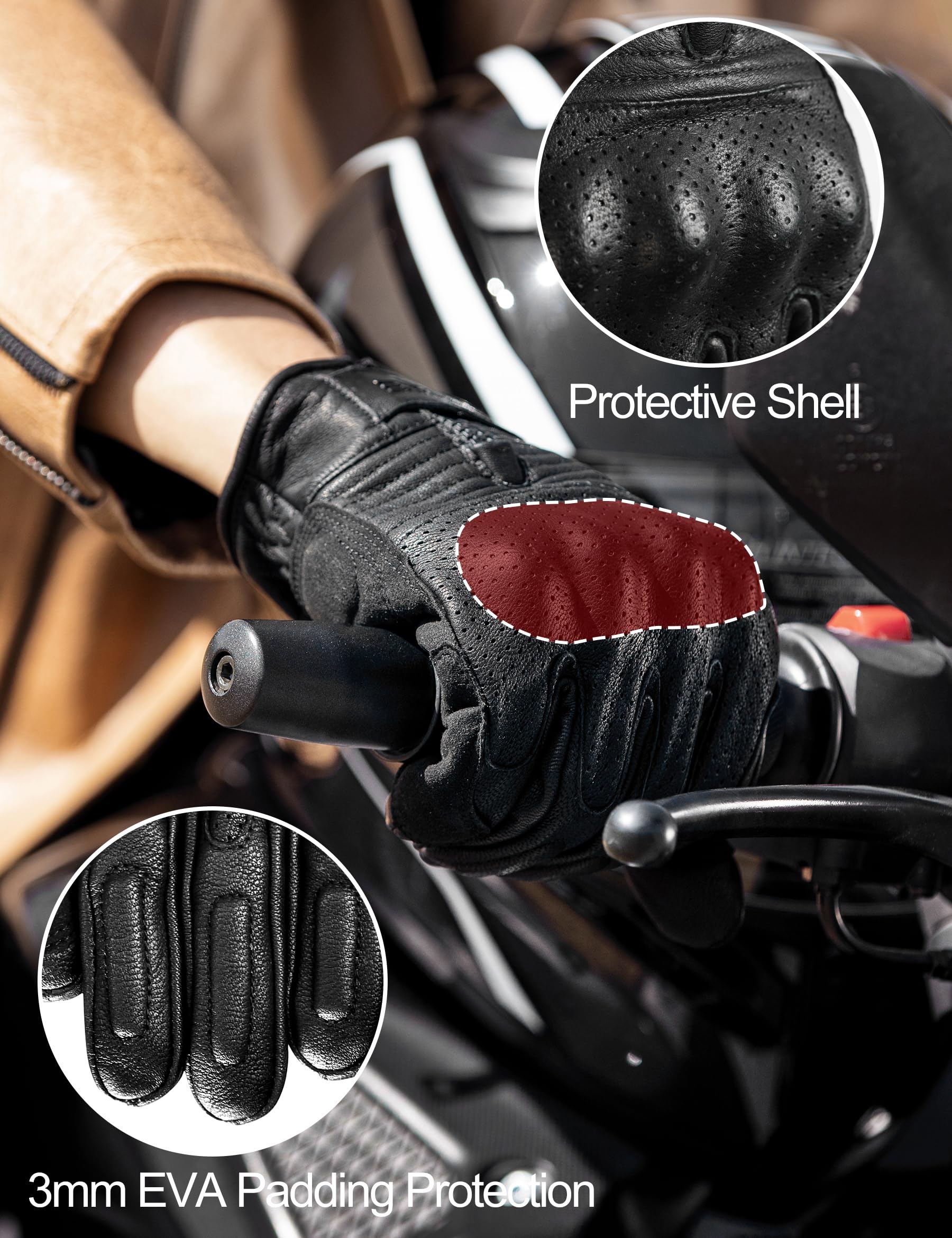 INBIKE Guantes Moto De Piel Cuero 100% con Buen Agarre Y Ventilación, Guantes Motocicleta Vintage con Protecciones Profesional En Los Nudillos(IM805)