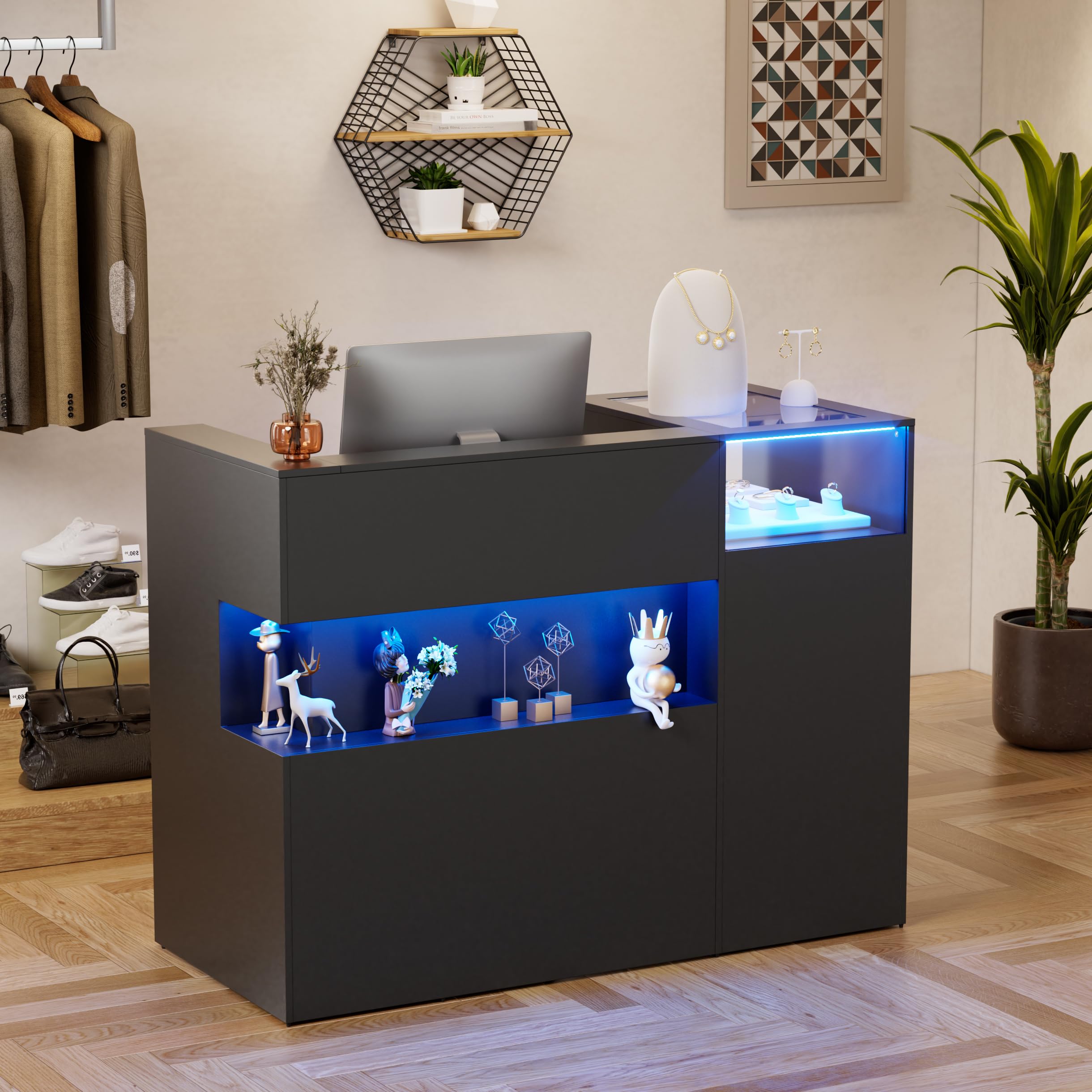 MSFE Bancone Reception con LED Grande Bancone Vendita con Ripiano per tastiera,Cassetti,Vetrina in vetro Bancon Negozio Reception Estetica Banco Cassa per Hotel,Ufficio,Centro Estetico 130x60x100CM