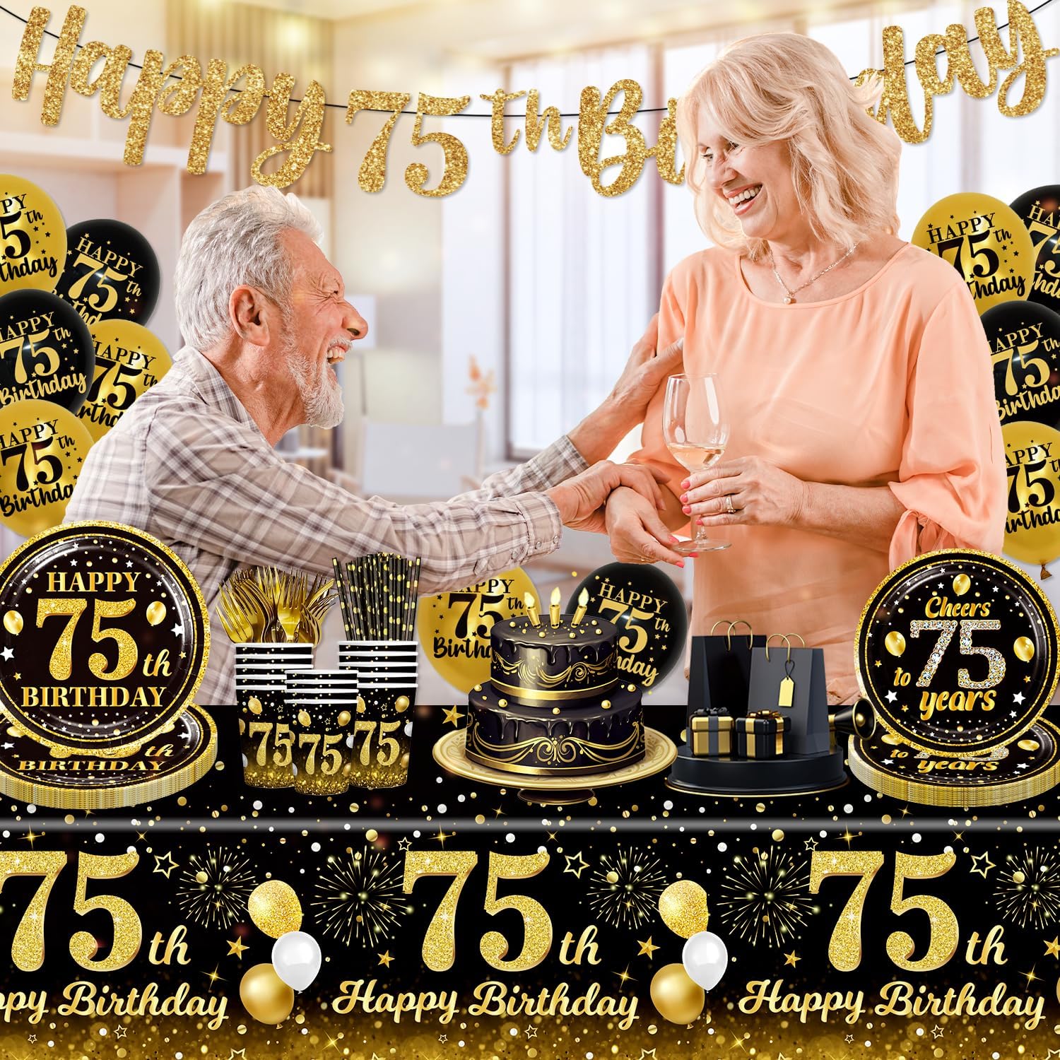 187pcs 75th Birthday Decorations for Men Disposable Dinnerware with Plates, Napkins, 2pcs Waterproof Tablecloth Banner Balloon Black and Gold 75th Birthday Decorations Serve 25 Guests