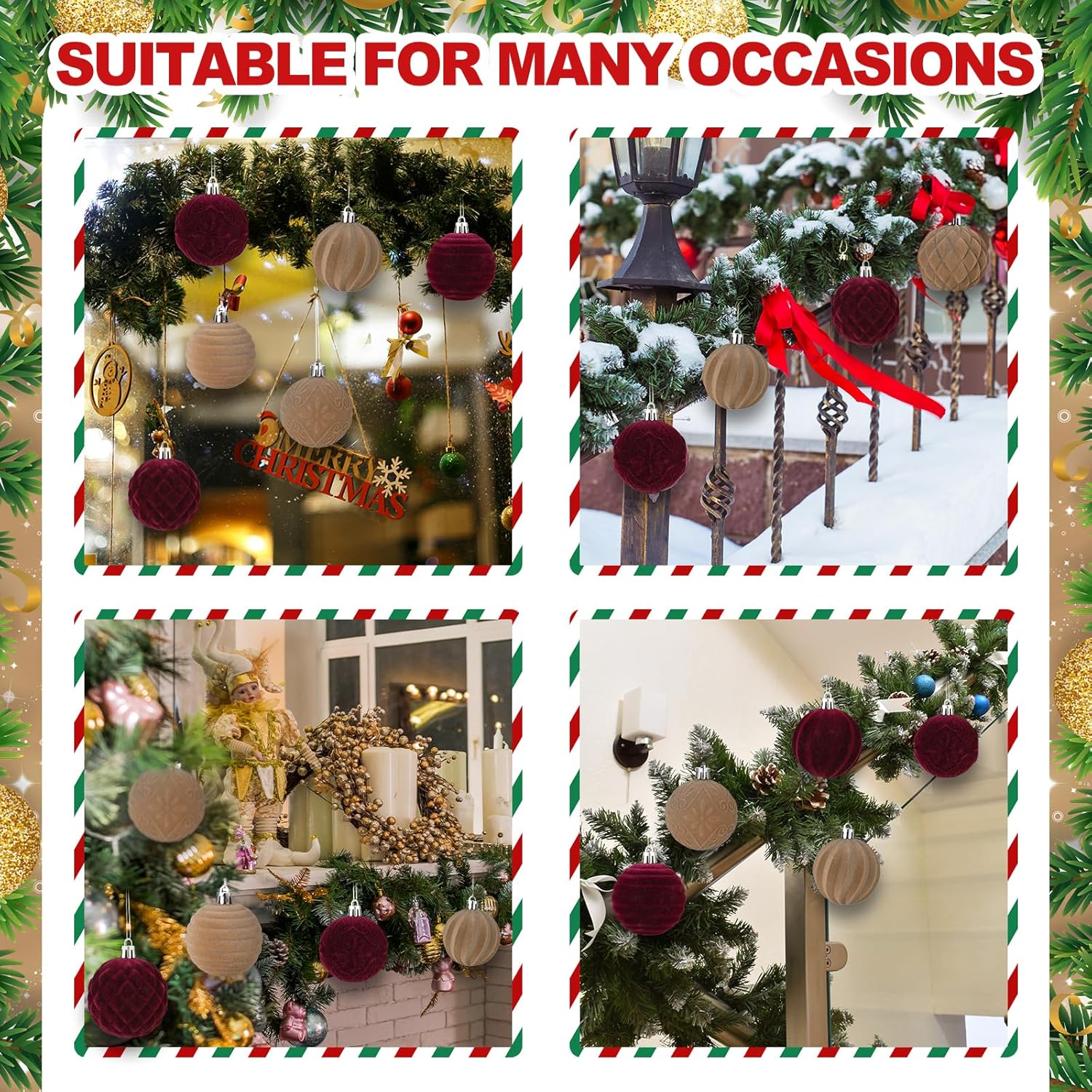Vinsot 24 Pcs Khaki and Burgundy Velvet Christmas Ornaments Balls 2.36 Inch Flocked Christmas Tree Ball Hanging Ornaments Velvet Xmas Baubles for Xmas Party Wedding Home Decor