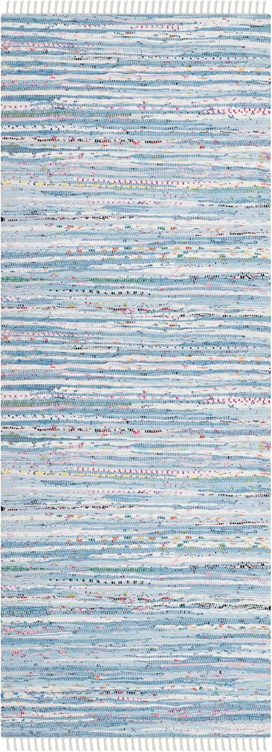 SAFAVIEH Rag Rug Collection Runner Rug - 2'3" x 6', Light Blue & Multi, Handmade Boho Stripe Cotton, Ideal for High Traffic Areas in Living Room, Bedroom (RAR125A)