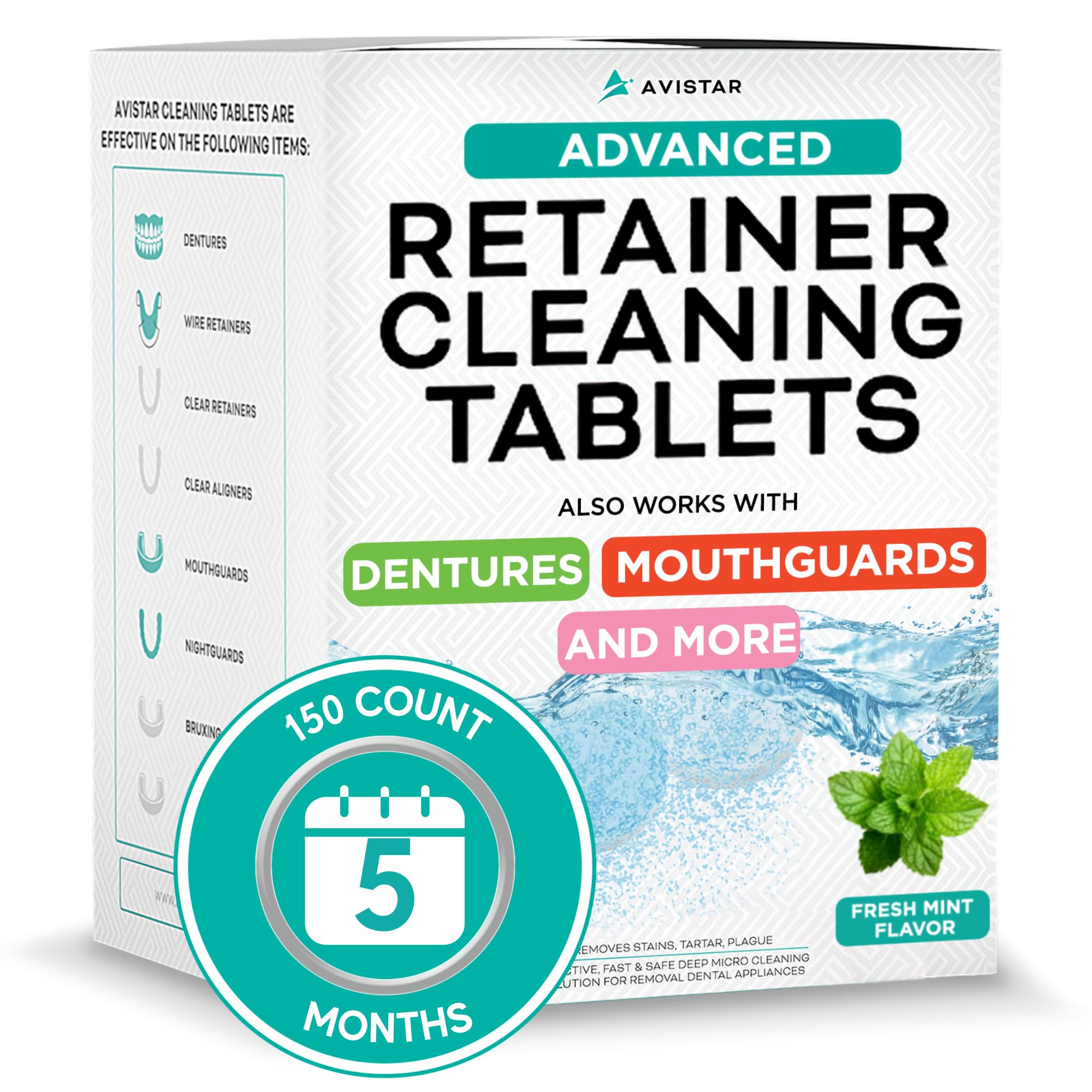 Retainer & Mouth Guard Cleaner Tablets - Mint Flavor Retainer Cleaner Tablets & Invisalign Cleaner - Denture Cleaning Tablets, Denture Cleaner, Aligners, Night Guard, Mouthguard Cleaners - 150 Count