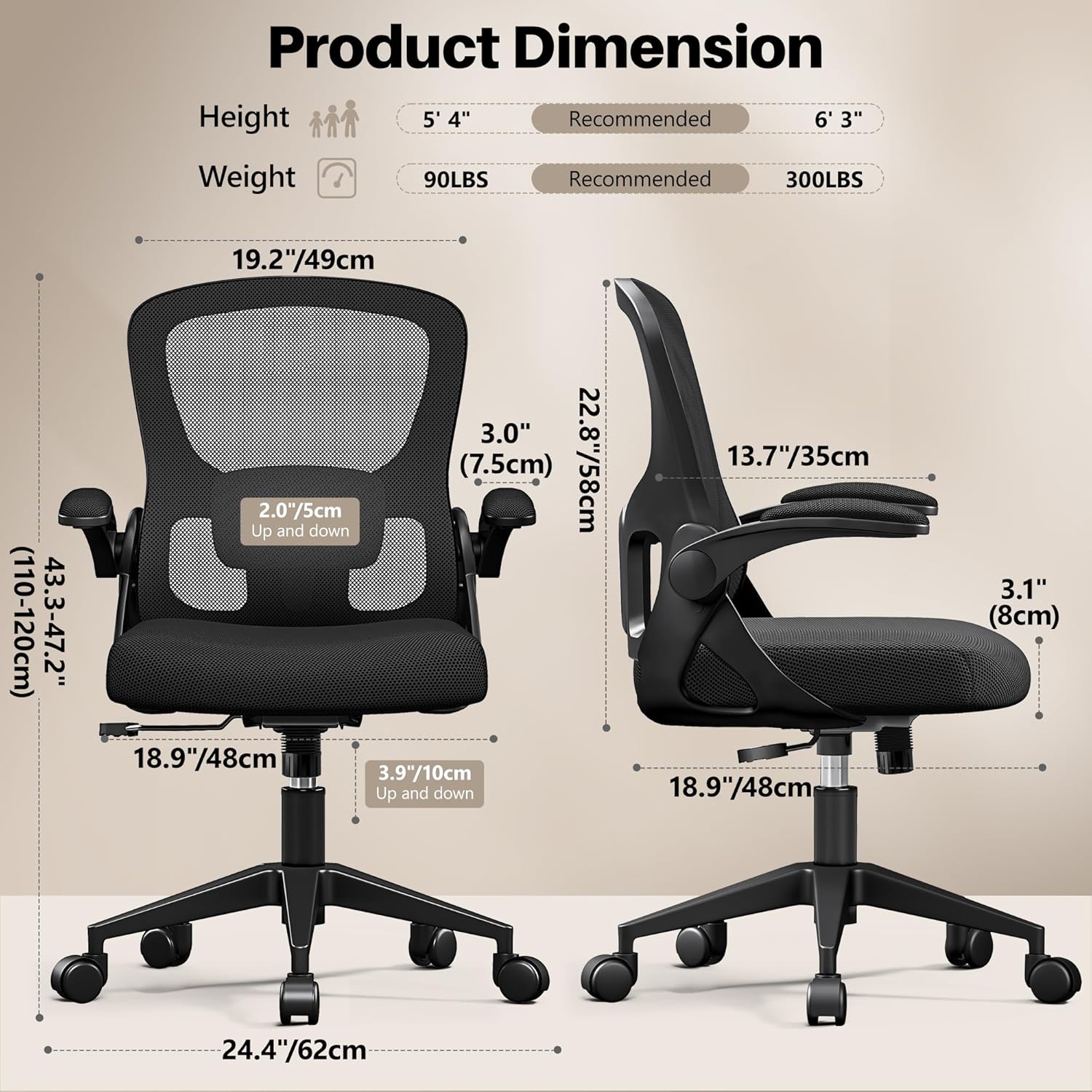 Office Chair Ergonomic Desk Chair, Adjustable Lumbar Support Rolling Swivel Comfy Chair with Space-Saving Flip Up Armrests,Mesh Gaming Chair for Business Work Office & Home, Black