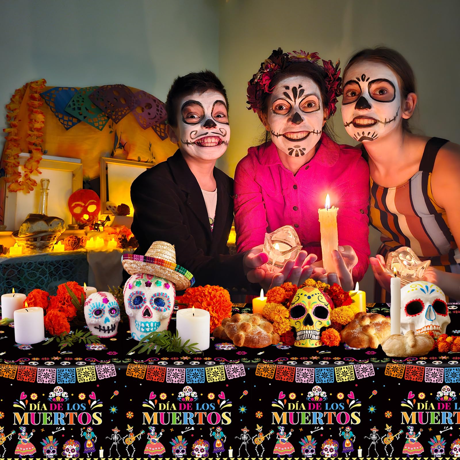 2-Pack Day Of The Dead Party Tablecloths - Disposable Plastic Decor, 54x87 Inches