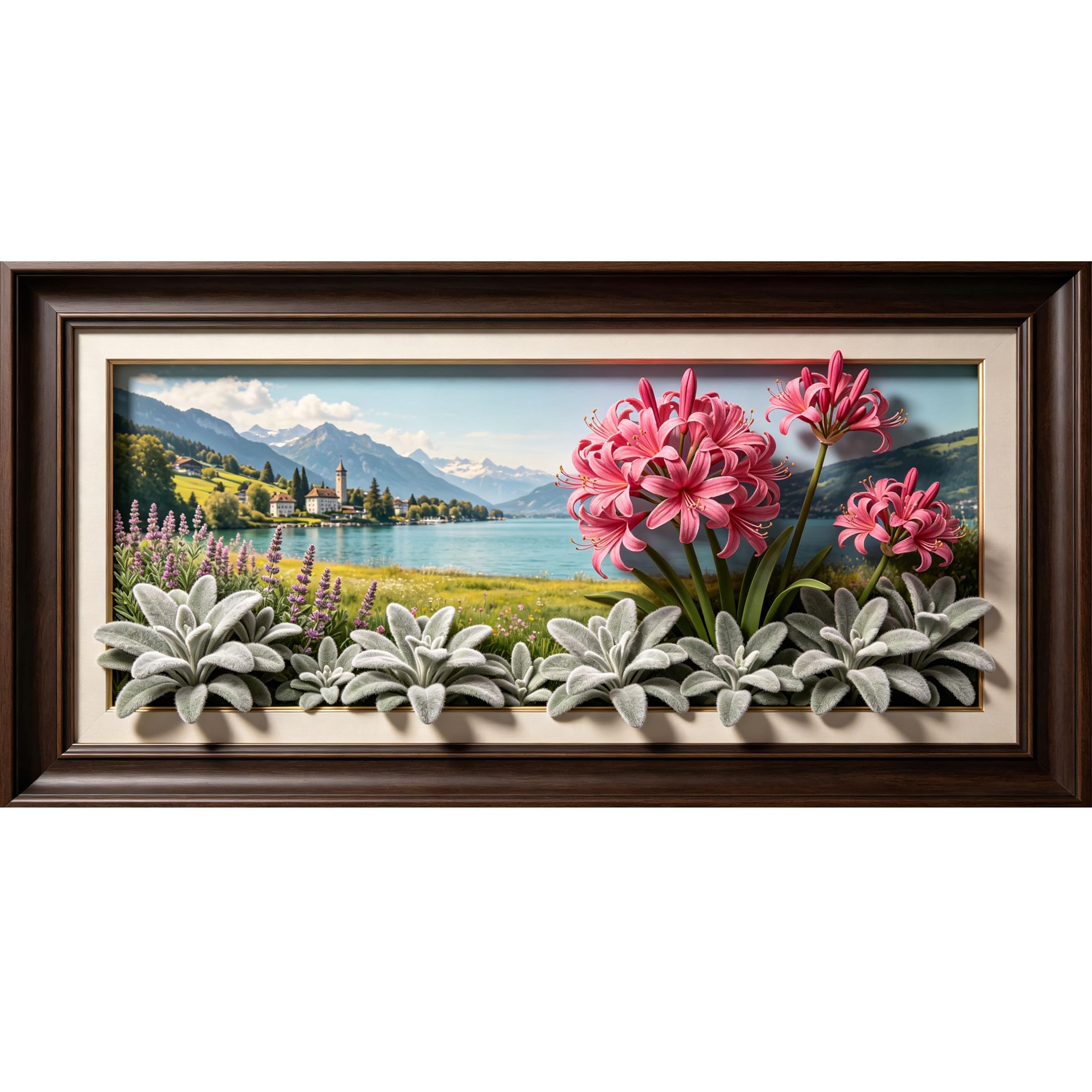 Agglomerix 3D Framed Wall Art Mountain Lake Landscape Pink Lily Floral Botanical Relief Effect Large Size Self-Adhesive Removable Wall Decor Prints Artwork for Living Room Bedroom Office