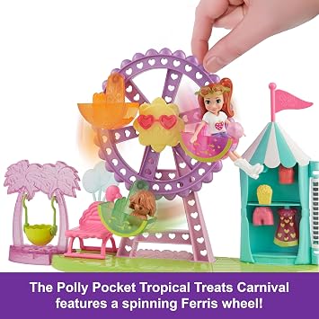 Polly Pocket Doll and Playset, Tropical Treats, Carnival Food Toy, Contains 3 Doll, 1 Puppy, 10 Accessories and a Big Spider Wheel