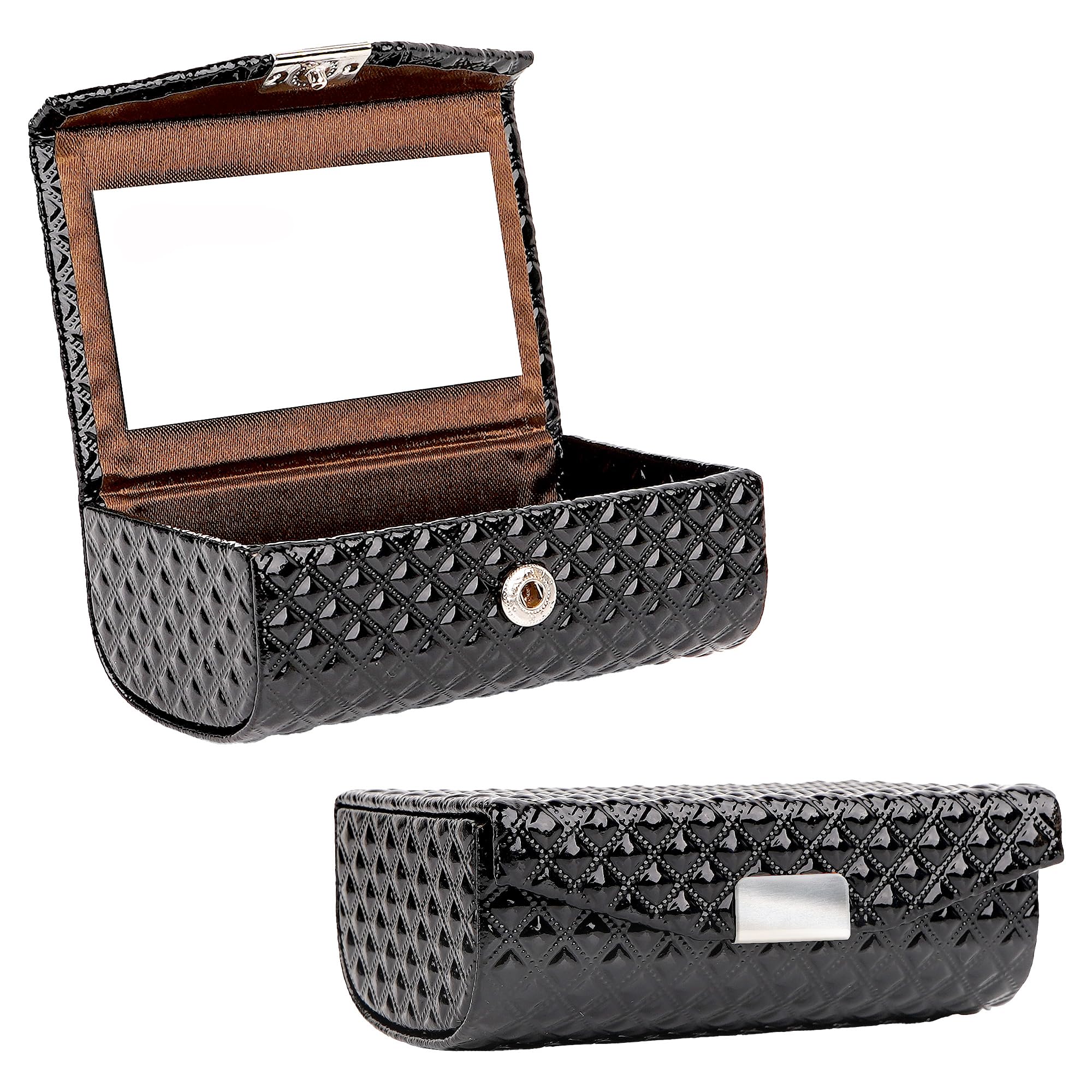 BUNCHBRAVO Lipstick Case for 2 Tubes, Diamond Pattern, Vegan Leather Lipstick Holder with Mirror for Touch-Up, Travel Makeup Organizer with Snap