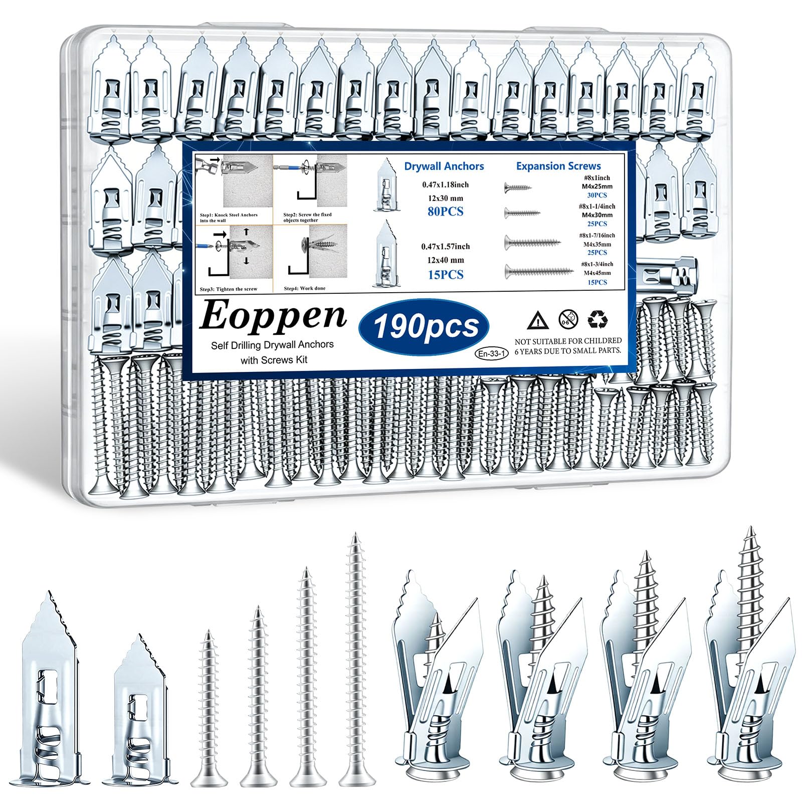 190Pcs Self Drilling Drywall Anchors with Screws Kit, Metal Self Drilling Anchor Screws, 6 Sizes Silver Drywall Grip Anchors and Screws for Sheetrock, Hollow Wall, Picture Frames, Wall Decor