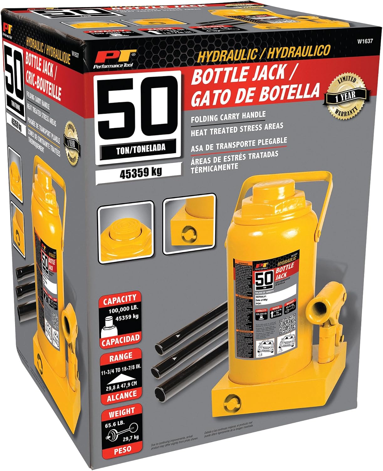 Performance Tool W1637 50 Ton (100,000 lbs.) Heavy Duty Hydraulic Bottle Jack