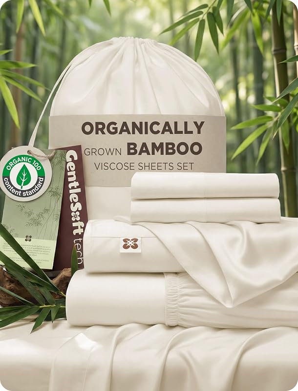 PureWoven Organically Grown Bamboo Viscose Queen Sheet Set | Cooling Bed Sheets for Hot Sleepers, 18" Deep Pocket with Corner Straps, Luxury Silky Soft, Breathable, OCS & Oeko-Tex, Beige