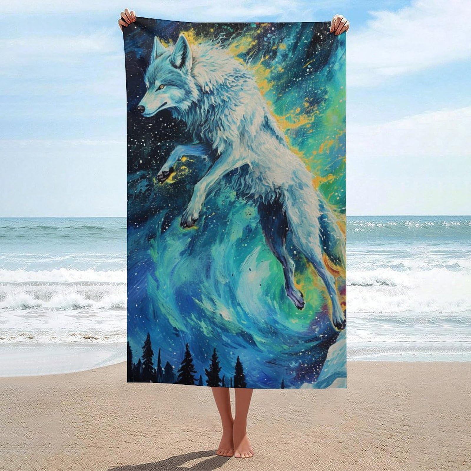 Serviette de plage légère Galactic Wolf Majesty 130x80 cm