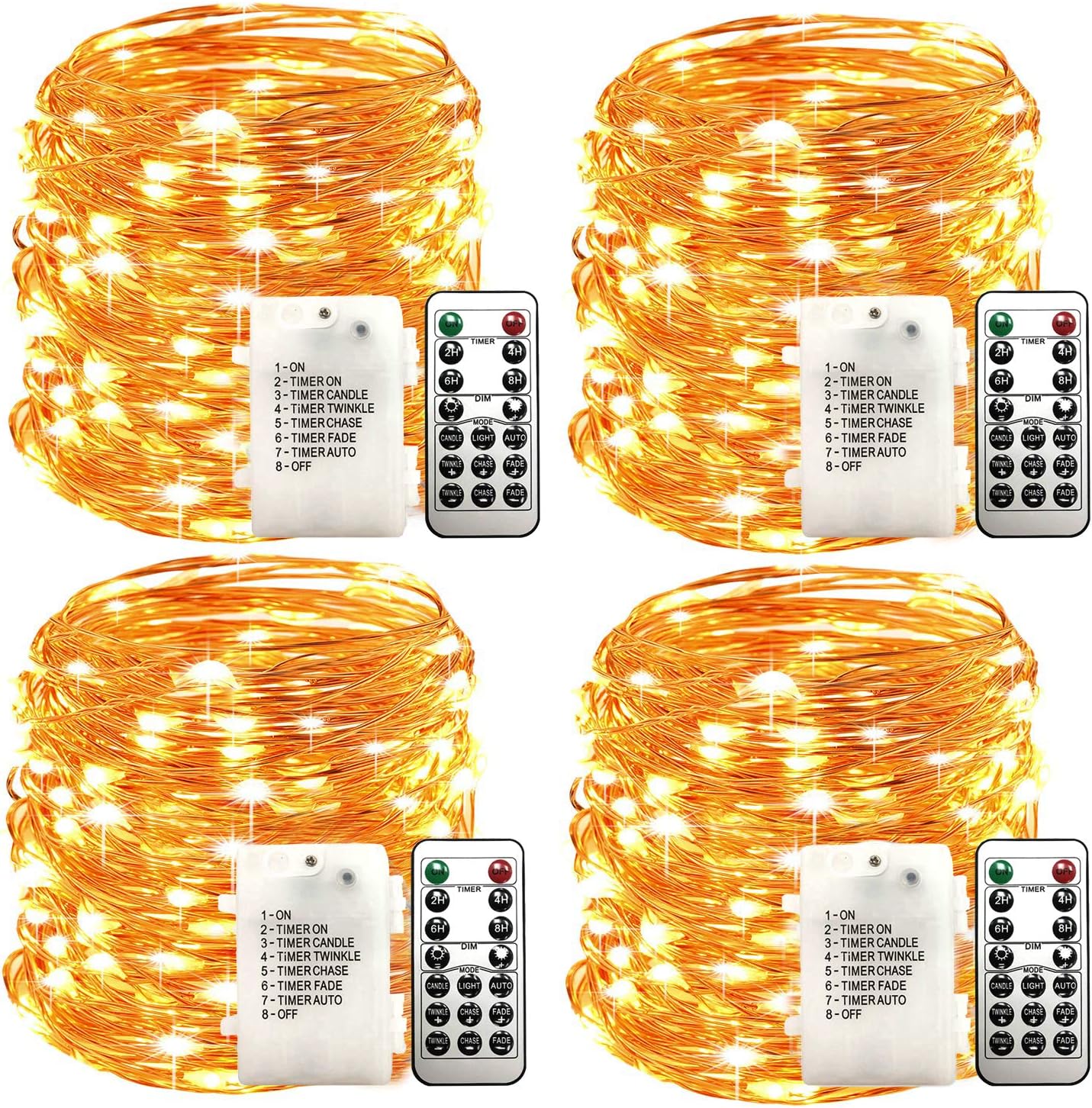 4 Pack 33Ft 100 Warm White Led Fairy Lights Battery Operated with Remote Control Timer Waterproof Silver Copper Wire Twinkle Lights