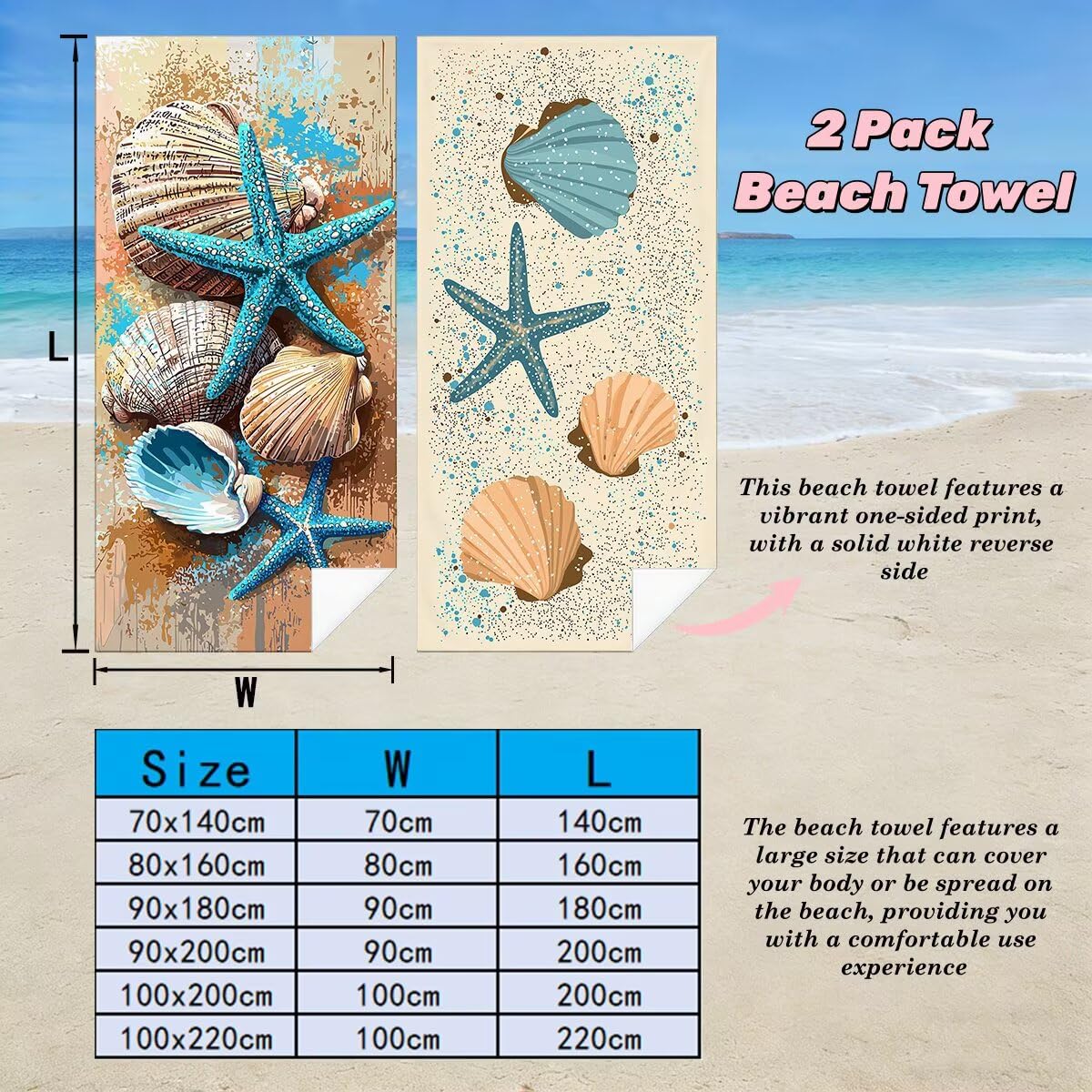 Serviette de Plage XXL 70x140 cm, Lot de 2 Serviette de Bain Microfibre, Anti Sable Serviettes Plage, Séchage Rapide Drap de Bain pour Homme Femme, Portable Serviettes pour Sport (Étoile de mer) -4739