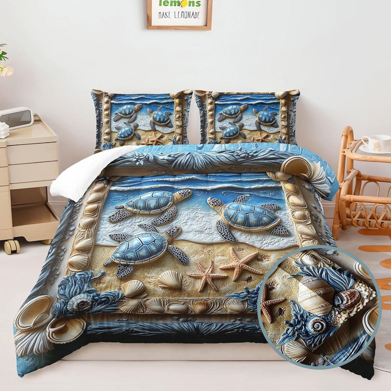 AILONEN Blue Sea Turtle Comforter Set Queen Size,3D Shells & Starfish Printed Duvet + 2 Pillowcases,3-Piece Beach Themed Ocean Animal Bedding Set for Boys Girls