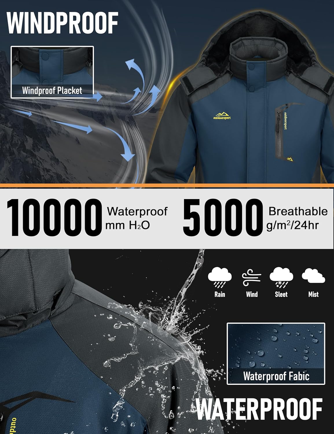 MAGCOMSEN Winter Coats for Men Ski Snow Jacket Waterproof Fleece Insulated Jackets Outdoor Snowboard Warm Parka Raincoat - Image 3