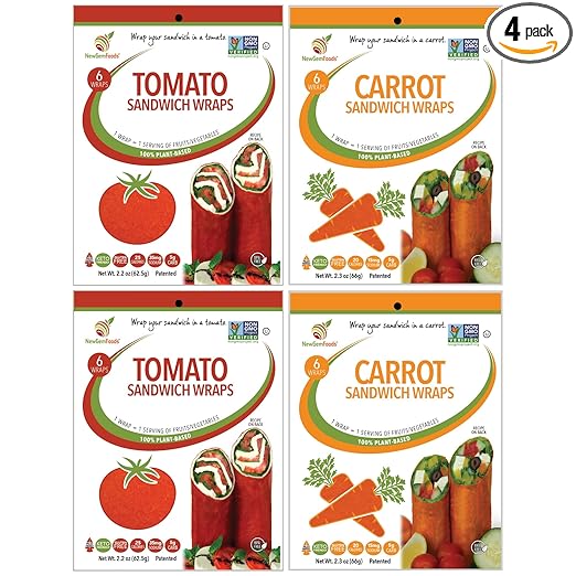 NewGem Carrot & Tomato Sandwich Wraps, Gluten Free, Paleo, Keto Friendly, Low Calorie Sushi Wrap Alternative, Low Carb Tortilla Wraps, (Pack of 4)
