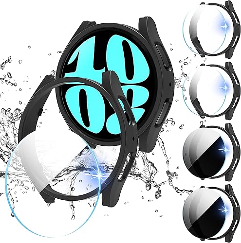 Suoman Paquete de 4 + 4 fundas para Samsung Galaxy Watch 6 de 1.575 pulgadas, combinación de protector de pantalla HD y privacidad completo, color