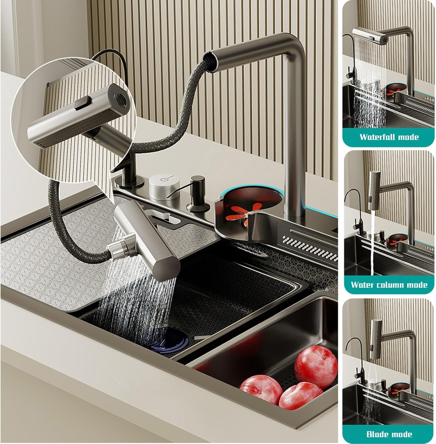 Duslykur LED Display Kitchen Sink Undermount Stainless Steel Sink Single Bowl Kitchen Sink Workstation Set Integrated Smart Faucet (33.5 inch)