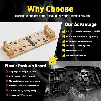 Wooden Push Up Board 30 in 1 Foldable with Resistance Bands - Thickened Pine Wood Multi-Push Up Board for Men & Women, Portable Gym/Home Workout Gear for Chest, Shoulders, Arms & Back