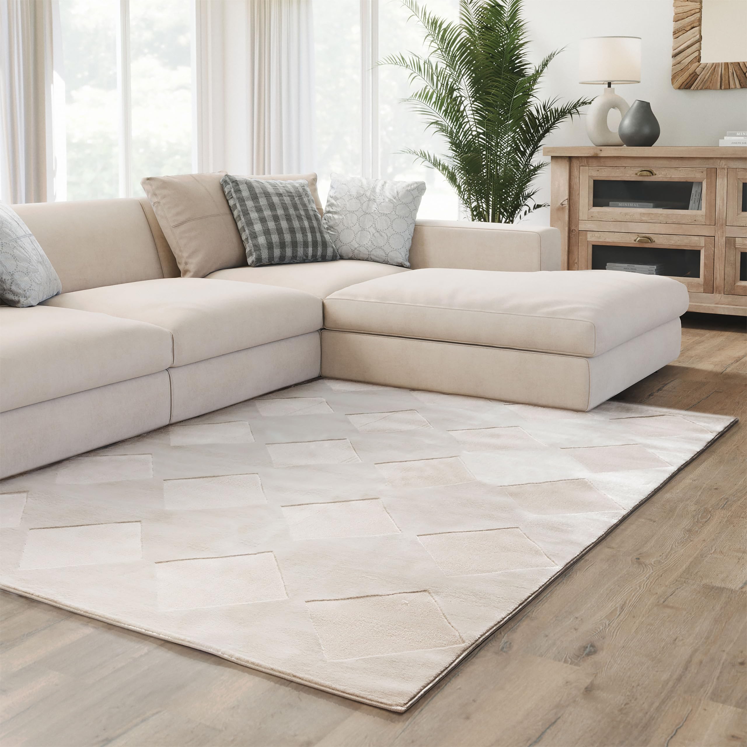 Alfombra de pelo corto Cannes – 200 x 300 cm crema – Diseño bohemio escandinavo con efecto 3D alto y profundo – plana con patrón geométrico