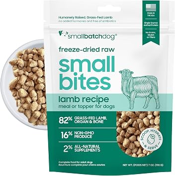 smallbatch Pets Freeze-Dried Raw Dog Food Lamb Recipe 7oz Small Bites High Protein, Grain Free Complete Meal or Topper Made in USA with Organic Superfoods 7 Oz, Lamb