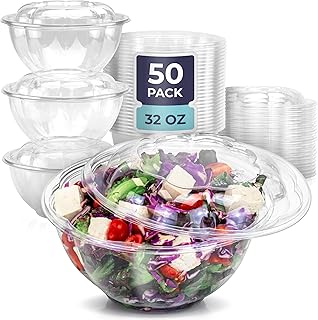 Fit Meal Prep 50 Pack 32 oz Disposable Plastic Clear Salad Bowls with Airtight Lids - To Go for Lunch, Takeout, Party, Catering, Picnic