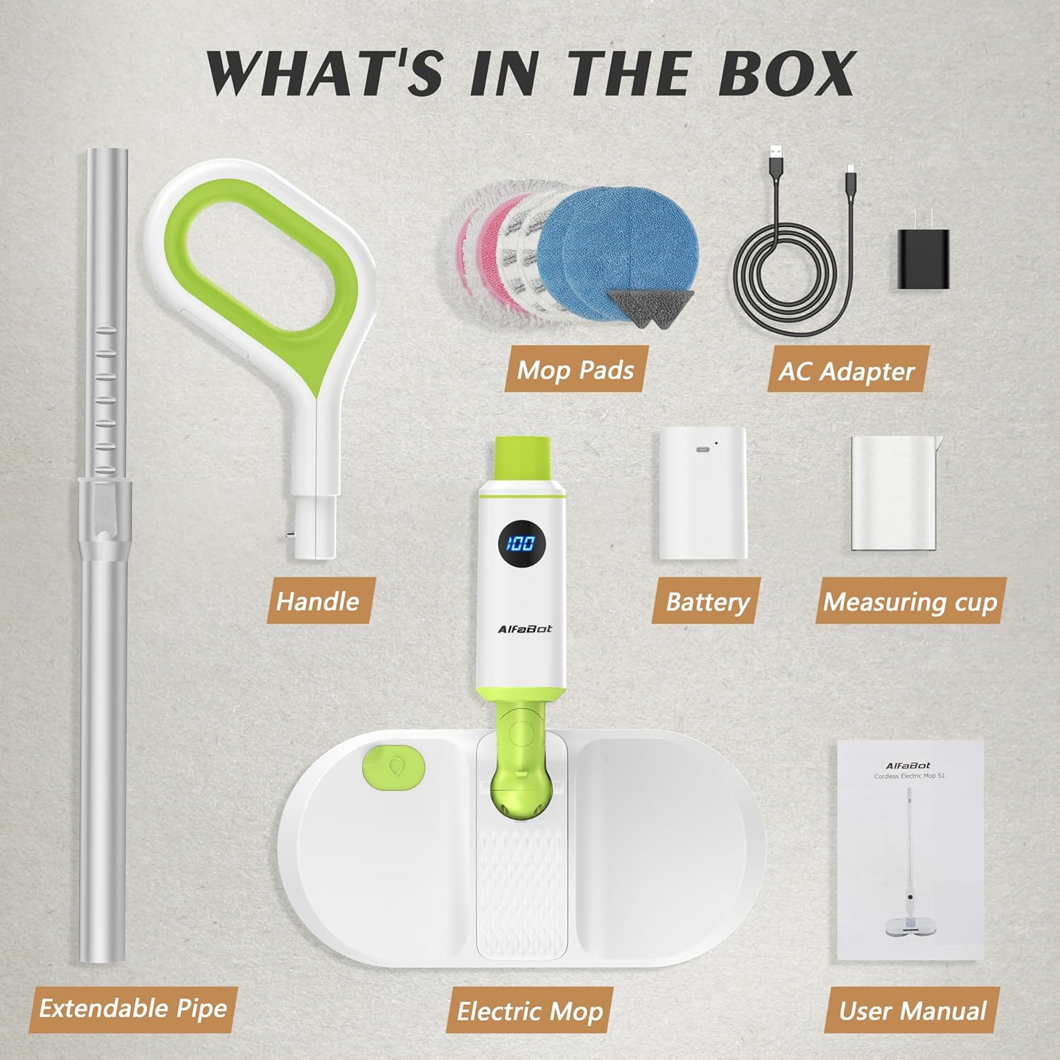 AlfaBot Cordless Electric Mop for Floor Cleaning, Dual Spin Mop with LED Headlight /Water Spray/Self-Propelled,Clean up to 2700 ft²