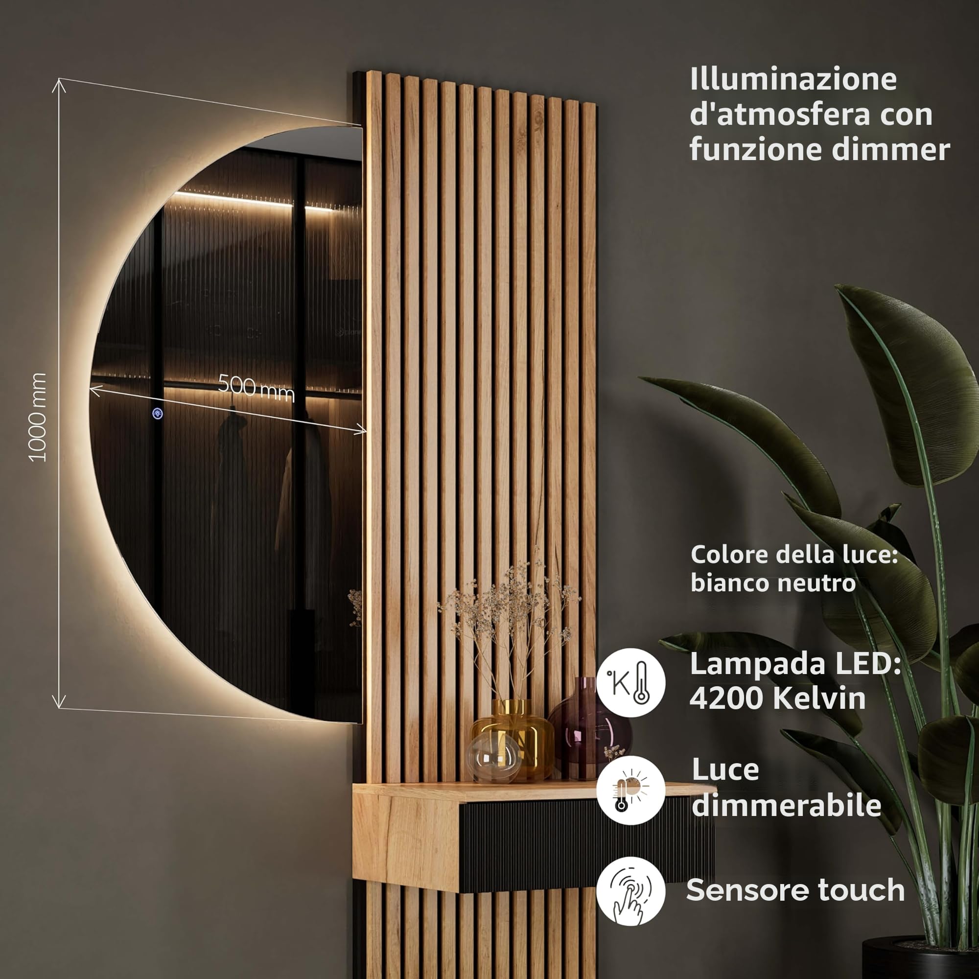 Planetmöbel NIVORA Specchio con illuminazione semicircolare Specchio con luce LED, Specchio decorativo da parete con funzione dimmer, 4200 K, luce bianca neutra, 50 x 100 cm