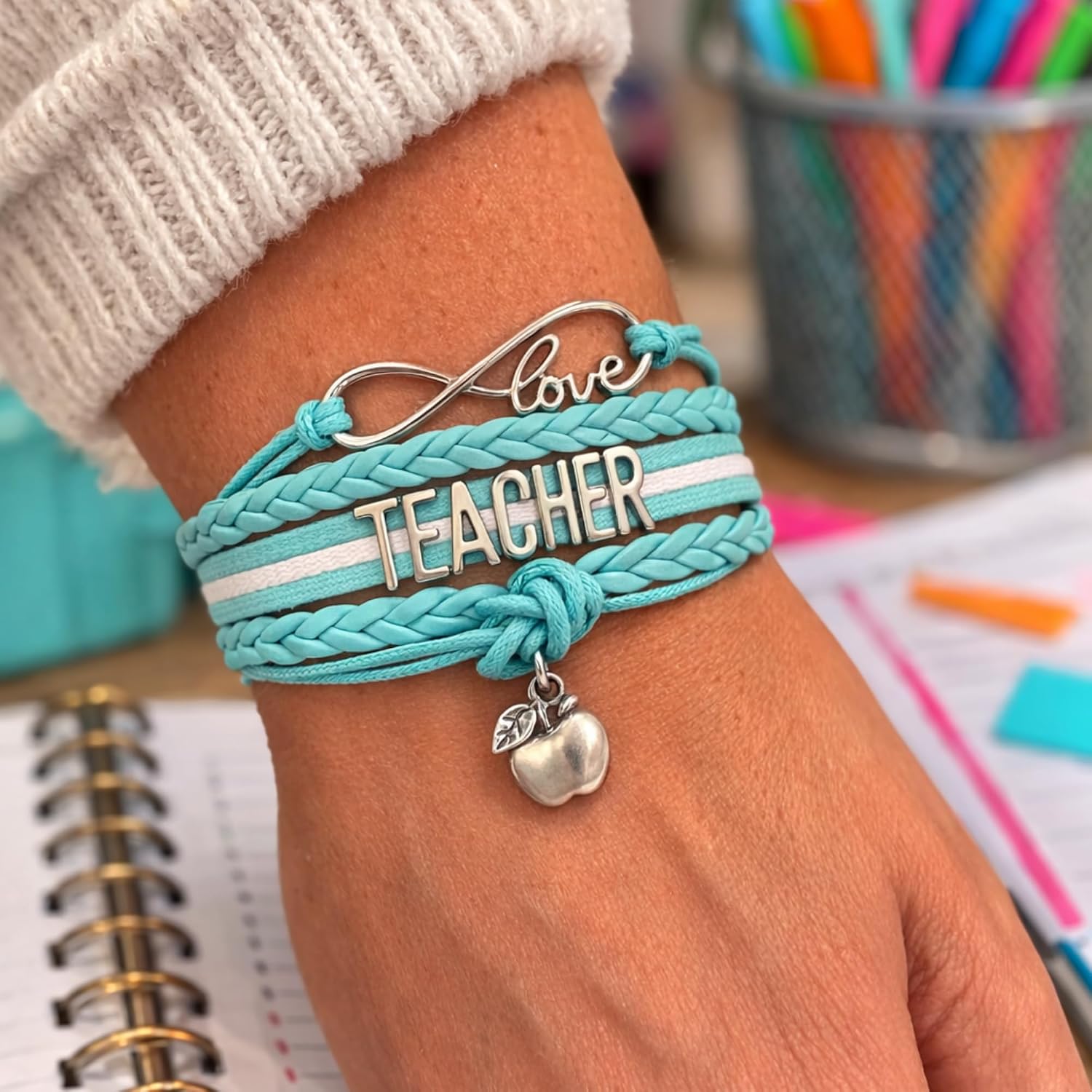 Teacher Bracelet with Infinity Love Charm and Apple Pendant, Teacher Appreciation Gift Bracelet, Adjustable Bracelet for Teachers, Thank You Gift