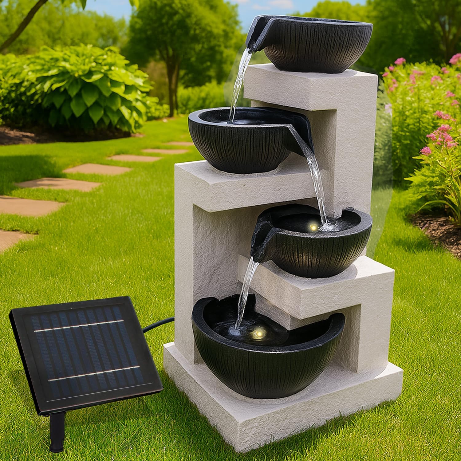 Fontana solare da giardino, fontana solare con luce a LED, fontana decorativa, lampada da giardino, pompa per terrazzo, balcone, con pompe (fontana solare a cascata con luce a LED)