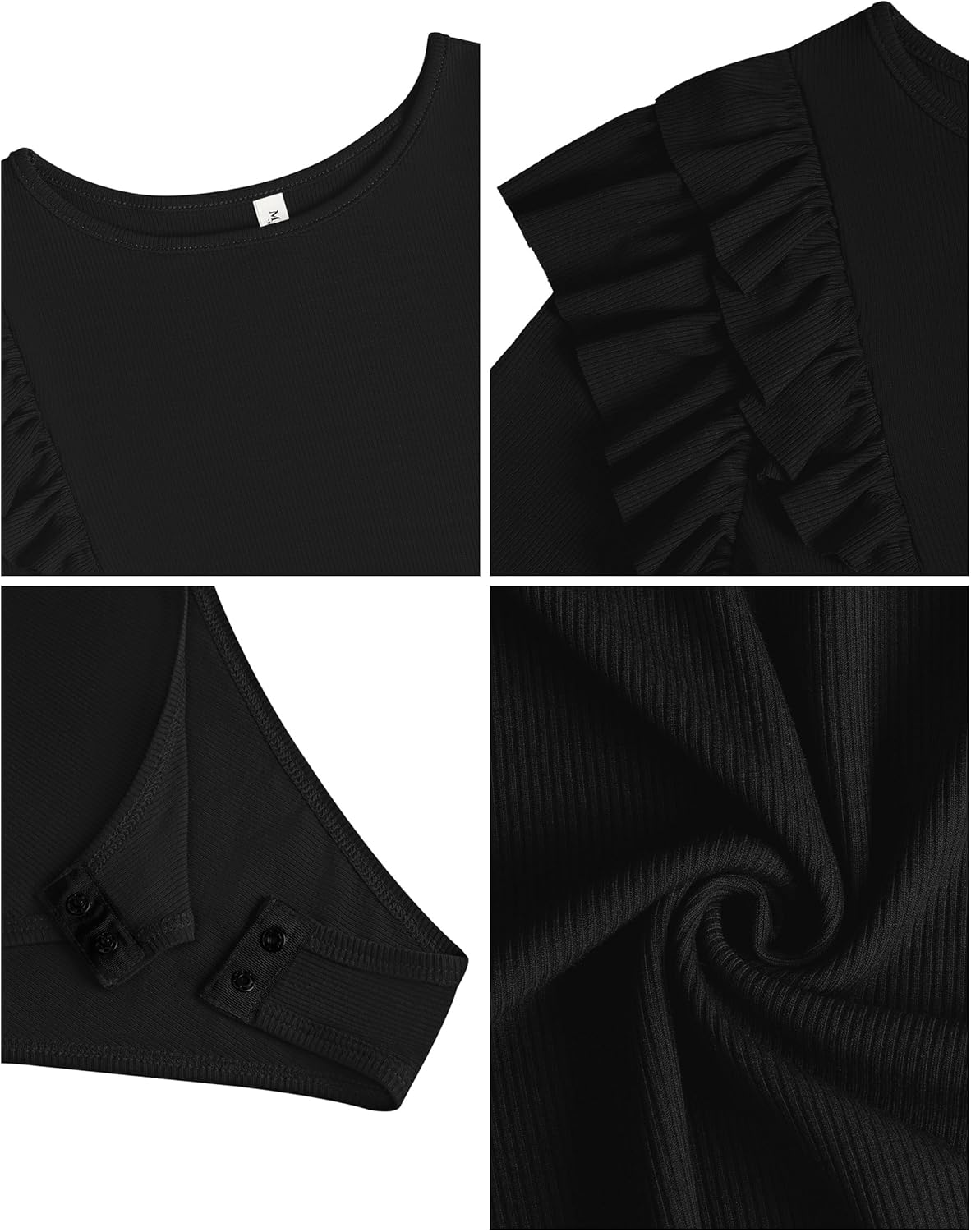 Missufe Women's Crew Neck Ruffle Long Sleeve Bodysuit Ribbed Knit Fitted Basic T Shirt Tops - Image 6
