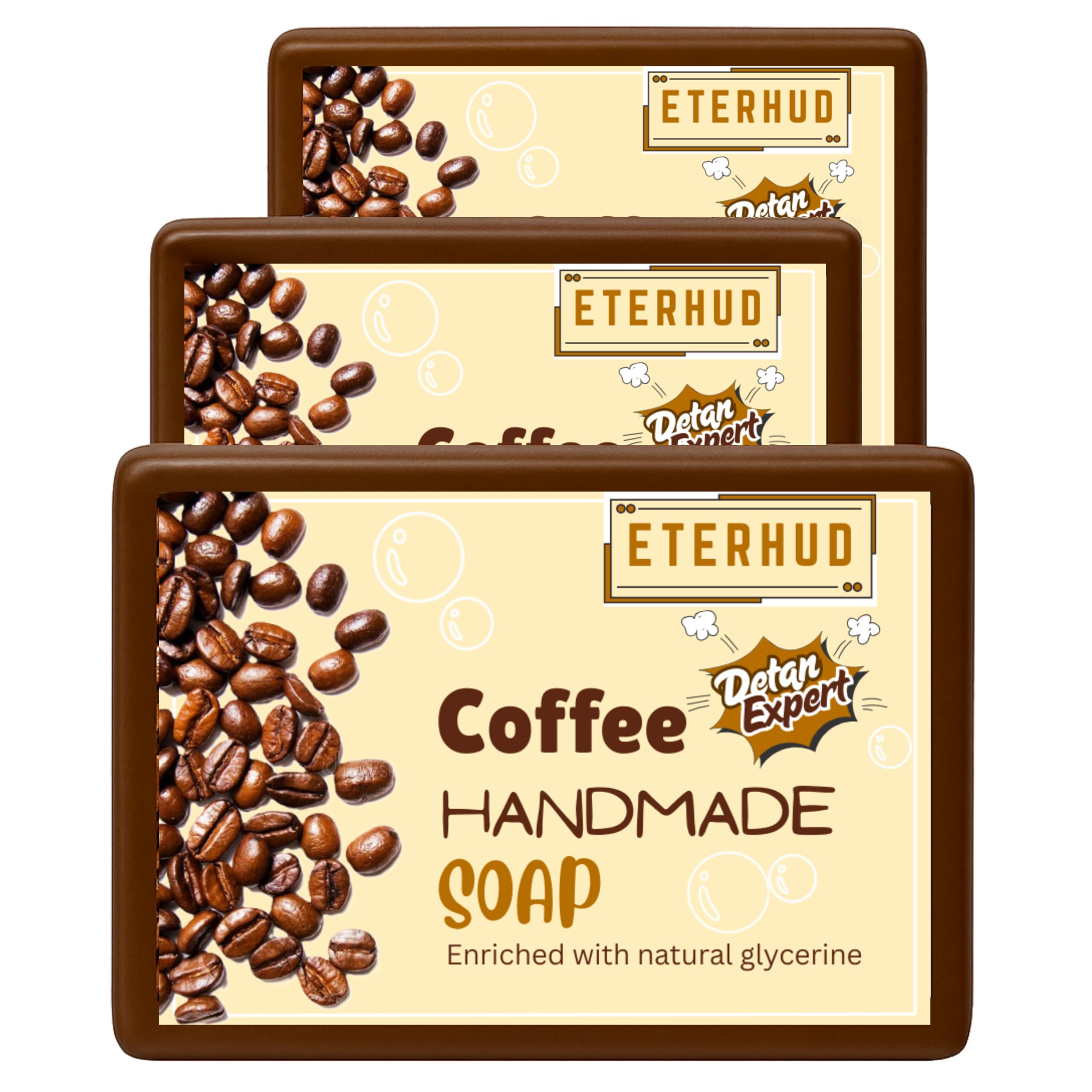 Eterhud 100% Organic Handmade Coffee Soap (Pack of 3) – Tan Removal, Skin Brightening & Anti-Aging Bathing Bar – Natural, SLS-Free & Vegan Herbal Soap for Men & Women