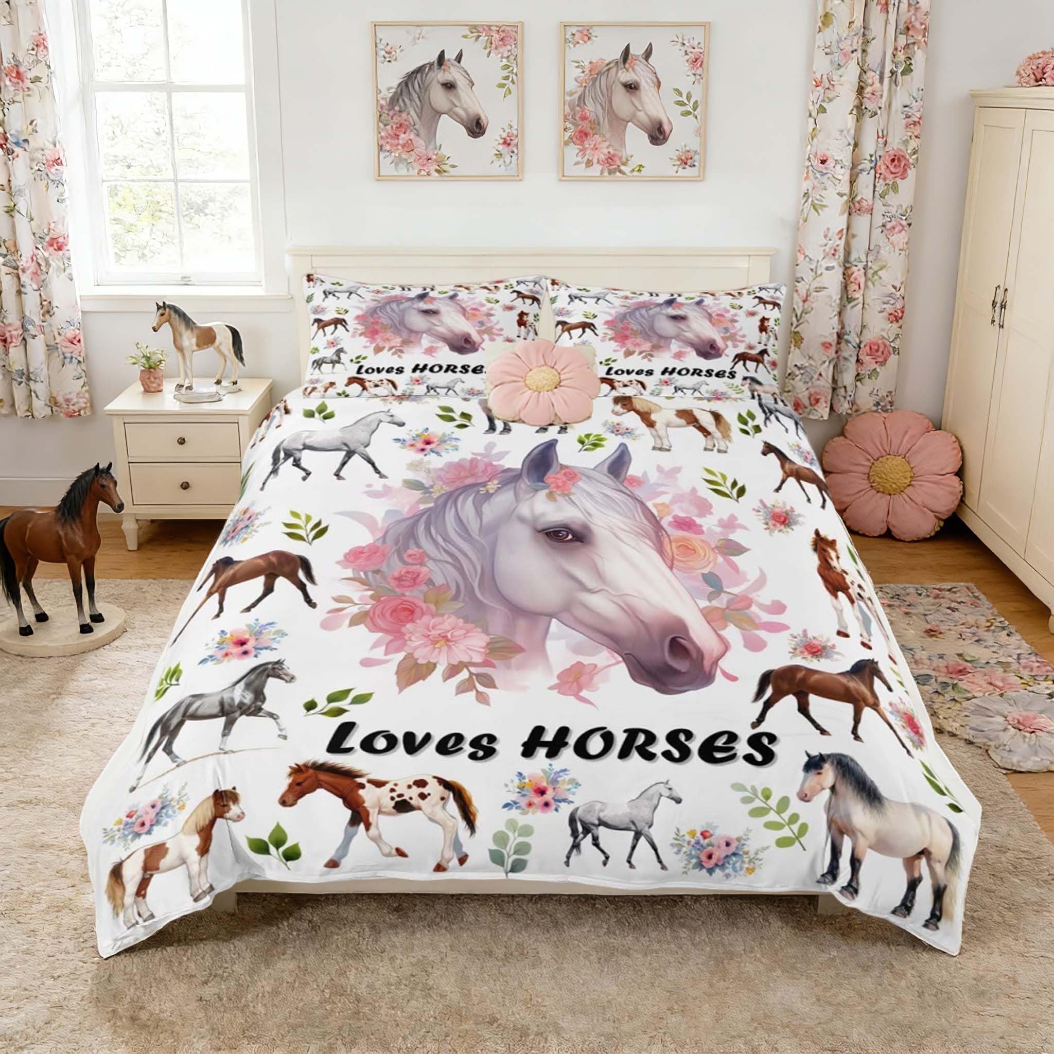 Homemissing White Horse Duvet Cover Set Cot Size for Kids Boys Girls Horse and Floral Bedding Set Farm Animals Duvet Cover with 1 Pillowcase Flower Bedding — image 1