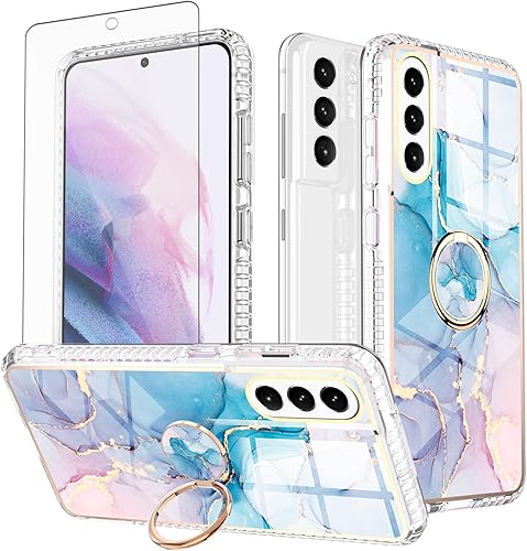 Asuwish Funda de teléfono para Samsung Galaxy S21 FE 5G con protector de pantalla y soporte para anillo de mármol, a prueba de golpes, silicona TPU, disponible en Yaxa Peru