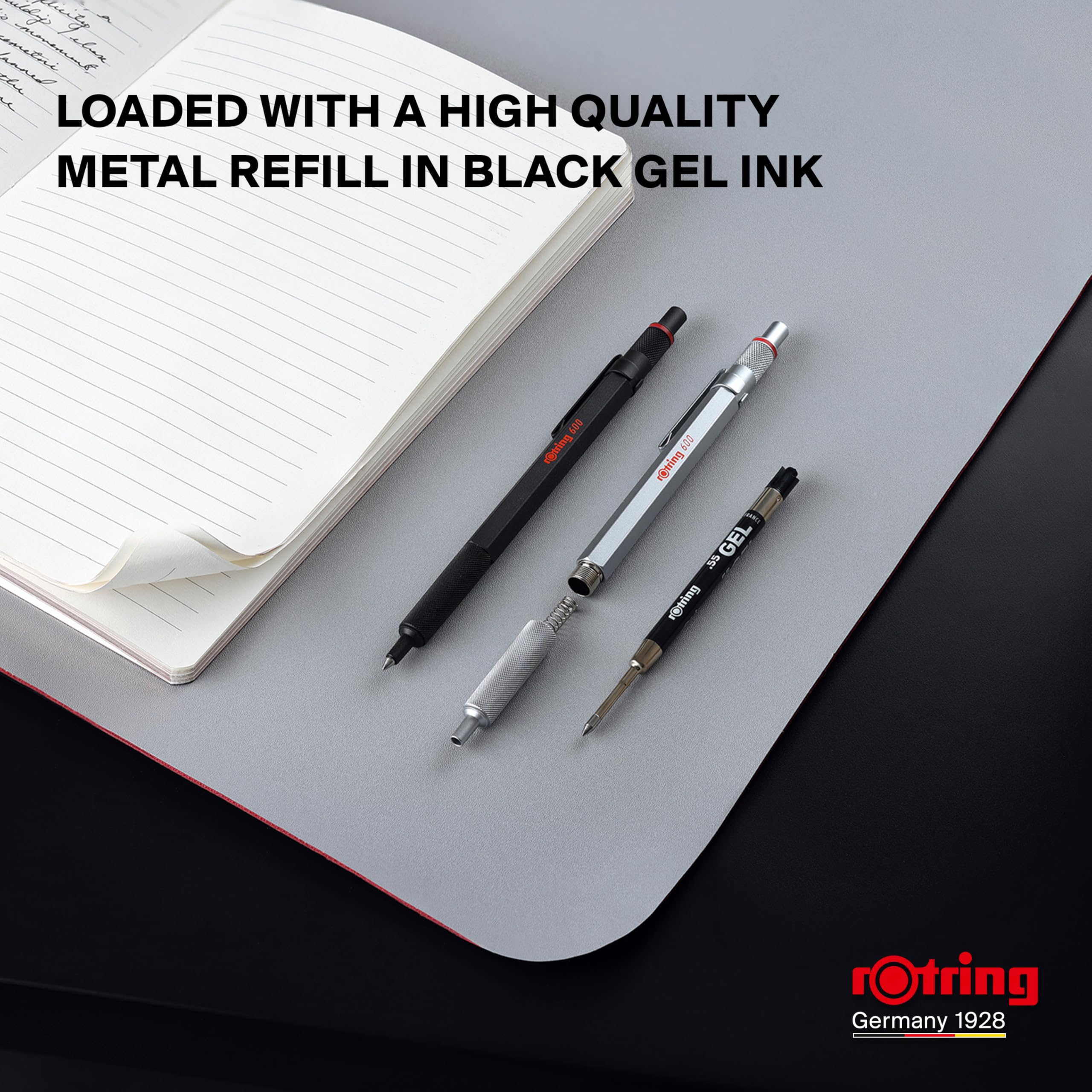 rOtring 600 Gel Pen & Velvet Case | 0.55 mm | Black Ink | Black Metal Body Pen | Non-Slip Knurled Grip & Hexagonal Barrel | Refillable - Image 4