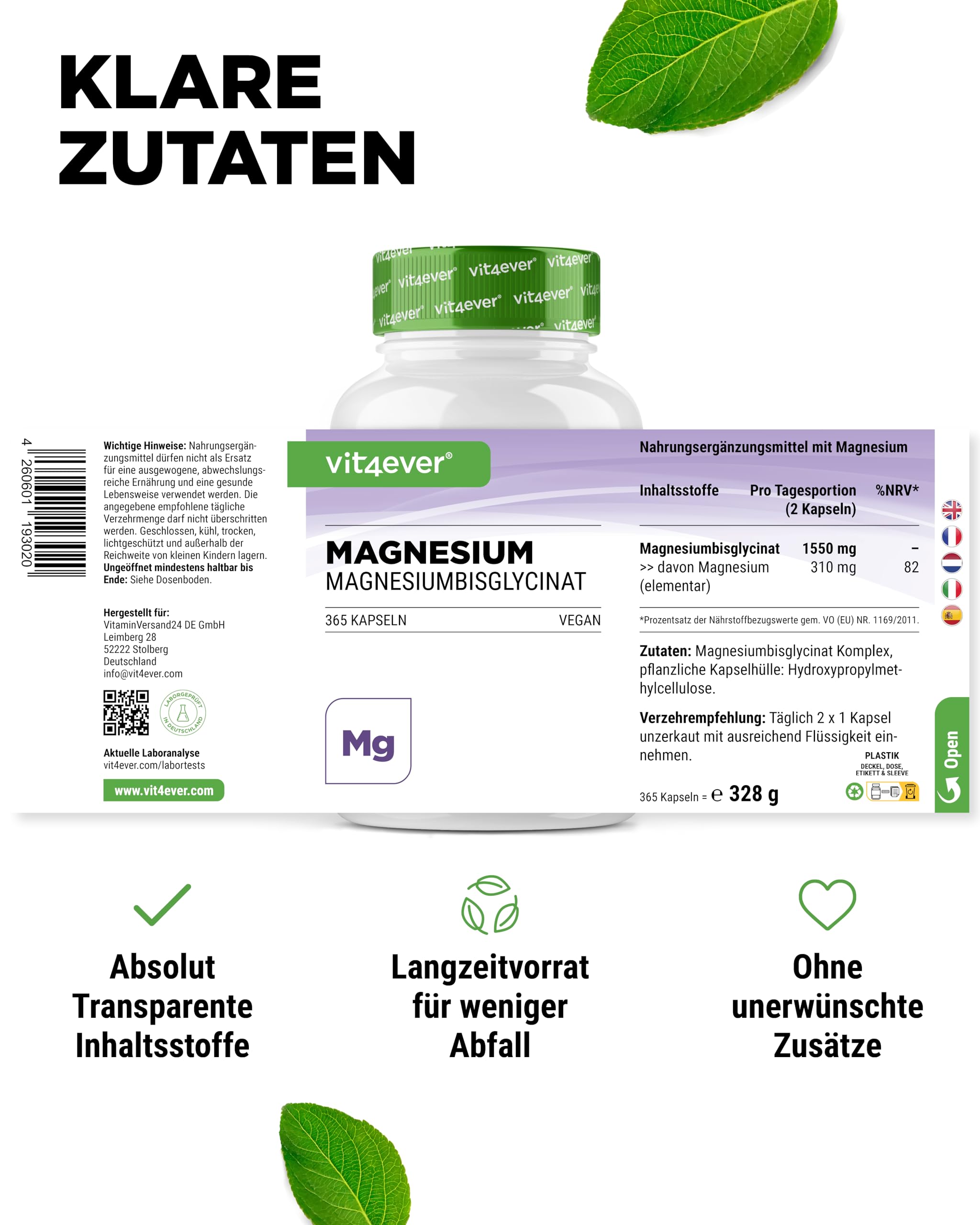 Vit4ever Magnesium Bisglycinat 365 Kapseln + Zink Bisglycinat 25 mg 400 Tabletten – Vegan – Laborgeprüft – Mineralstoff Bundle