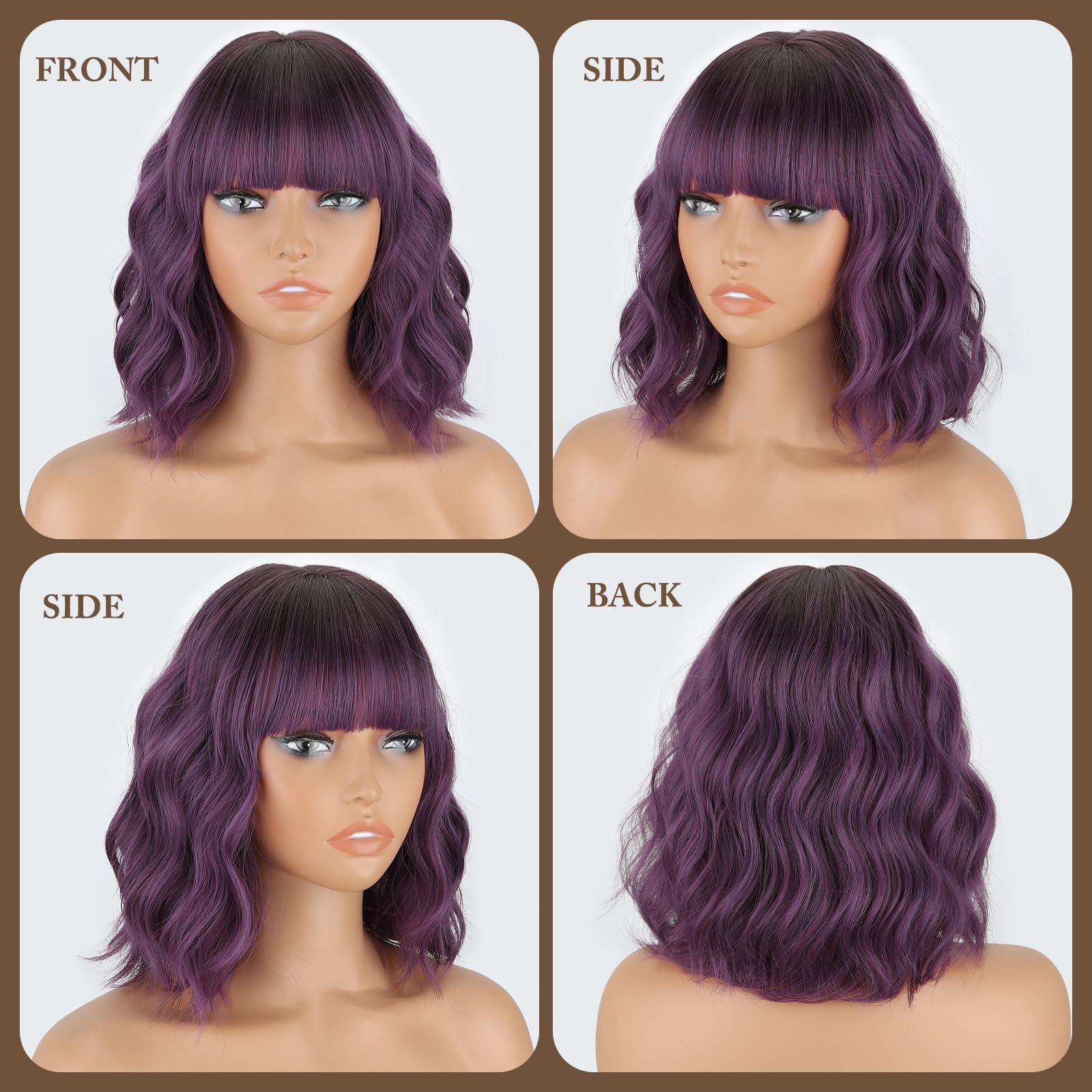 MISSQUEEN Short Wavy Bob Wig with Bangs, Synthetic Heat-Resistant Hair