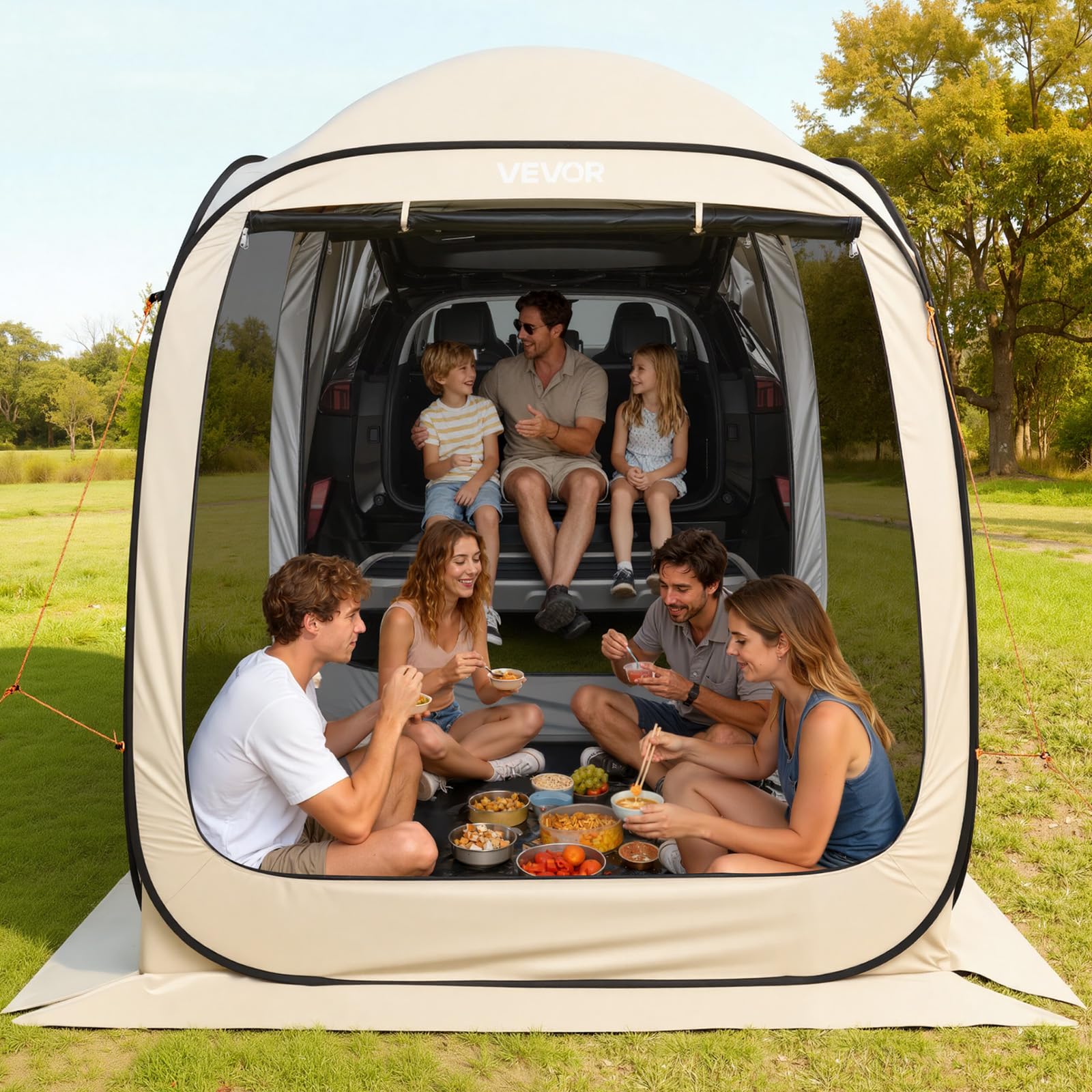 VEVOR Tienda de Campaña con Mosquitera, 1825 x 1825 x 2200 mm, 4-6 Personas, Plegable, para Portón Trasero SUV, con Bolsa de Transporte, Laterales de Malla, para Actividades al Aire Libre, Beige