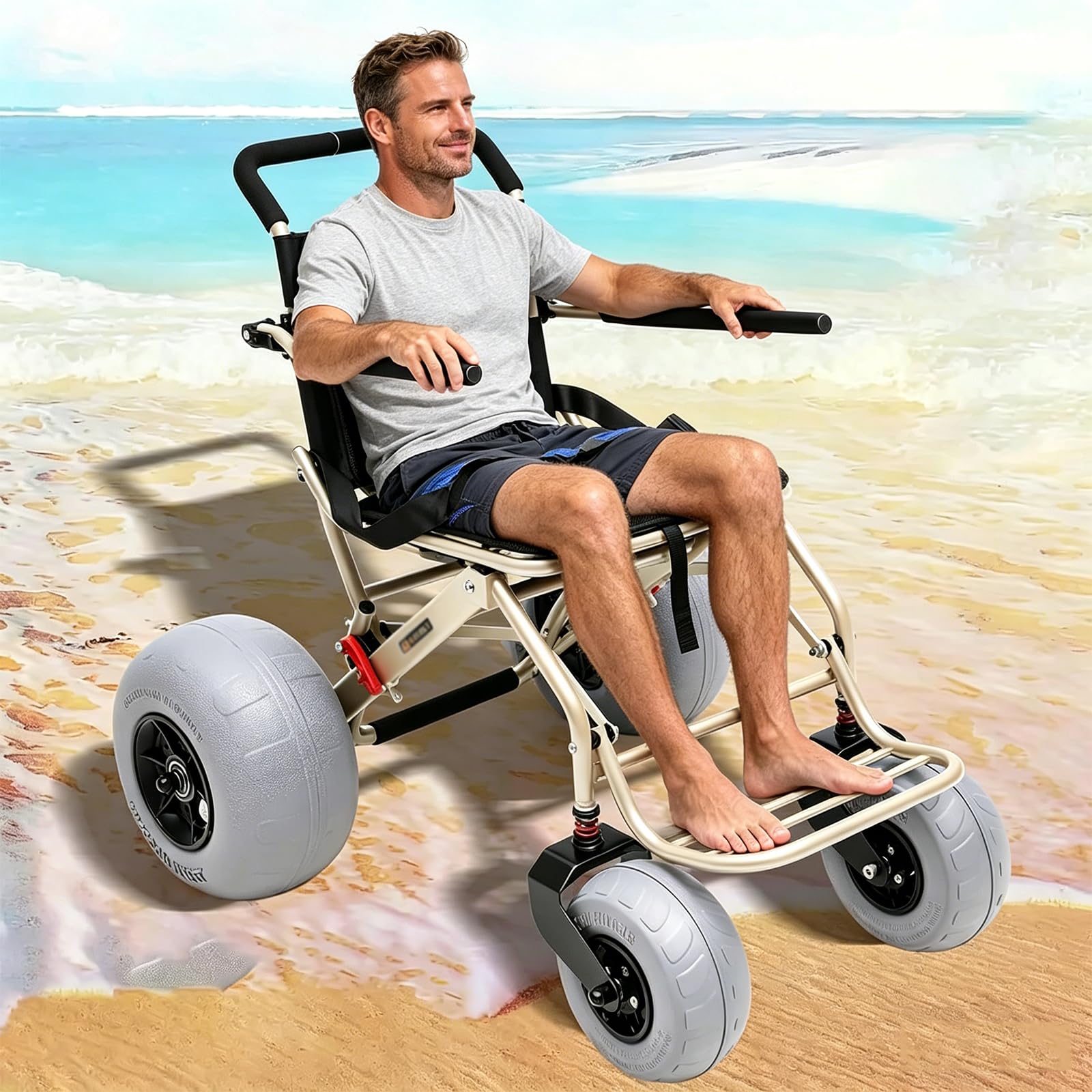 Silla De Ruedas Para Playa, Silla De Ruedas Todoterreno Para Playa, Con Ruedas Tipo Globo De 30 Cm Y 23 Cm, Diseño Plegable, Ruedas De Desmontaje Rápido, Apta Para Arena Blanda, Playa, Césped