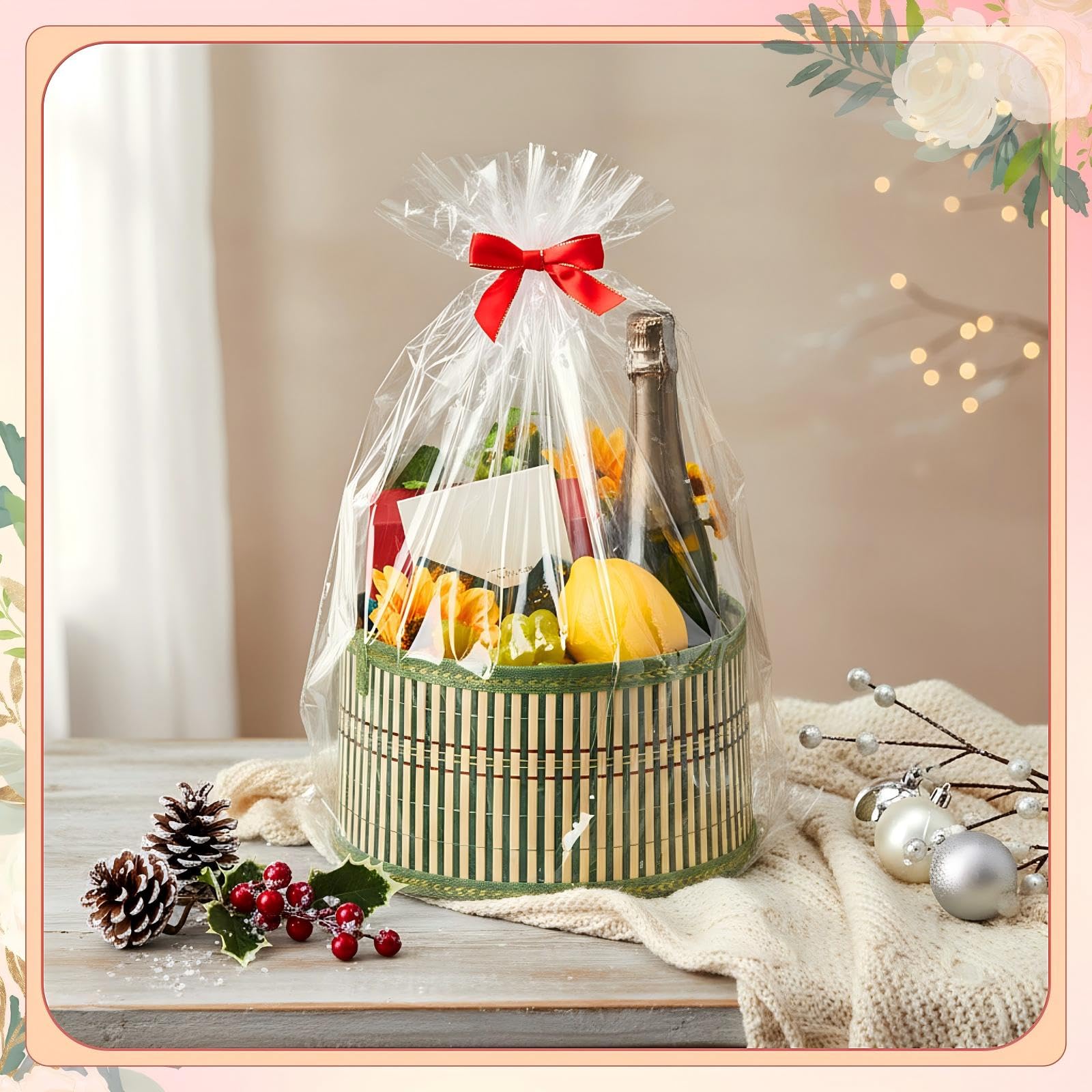 Weysat 6er-Set Körbe für Geschenke, leer, Valentinstag, DIY, Großpackung aus gewebtem Bambus, Geschenkkorb-Set mit Griff, Wickeltasche, rote Schleife zum Befüllen für Hochzeit, Geburtstag, Party