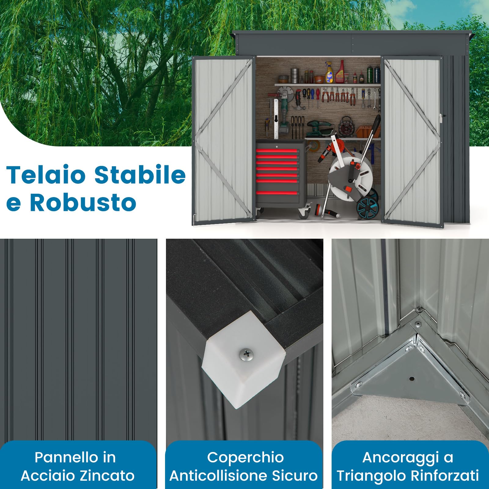 COSTWAY Capanno da Giardino 2,6㎡, Casetta Porta Attrezzi da Esterno in Metallo Zincato Resistente alle Intemperie con 2 Porte e Tetto Inclinato, Ripostiglio per Cortile (Grigio)