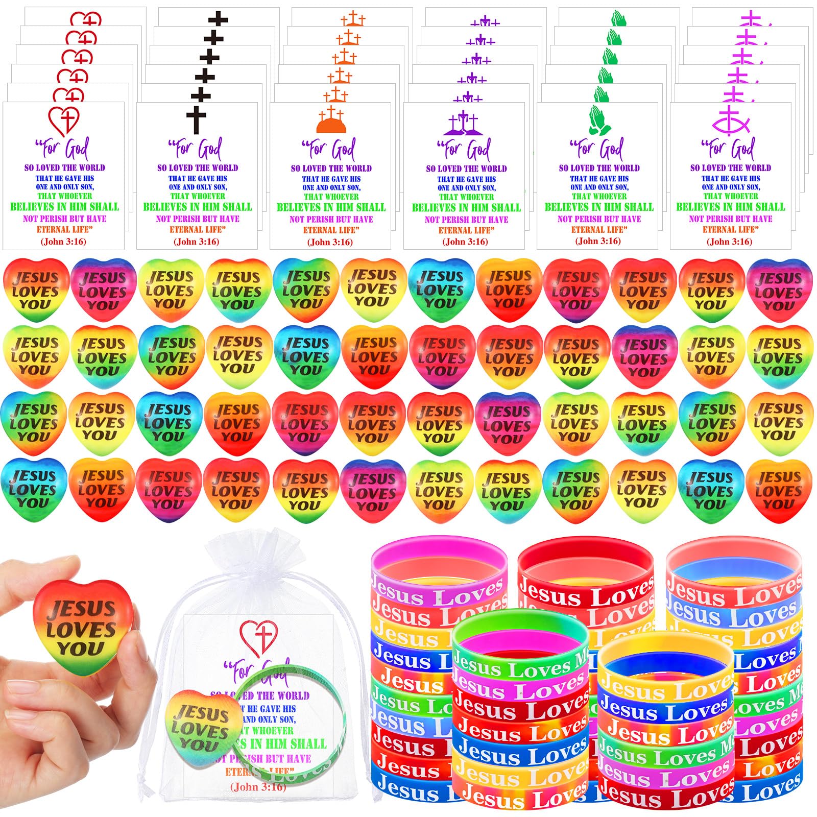 Skylety 48 Sets Easter Jesus Loves You Silicone Bracelet and Heart Stress Ball with Card Set, Christian Mini Relief Fidget Rubber Wristbands Bible Verse Inspirational Gift for Religious Party Favor